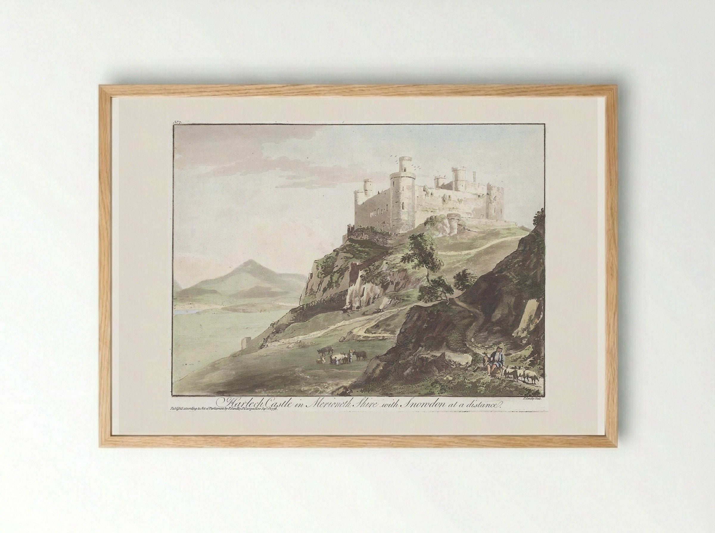 Harlech Castle in Merioneth Shire with Snowdon at a Distance - Paul Sandby - Framed Print Wood