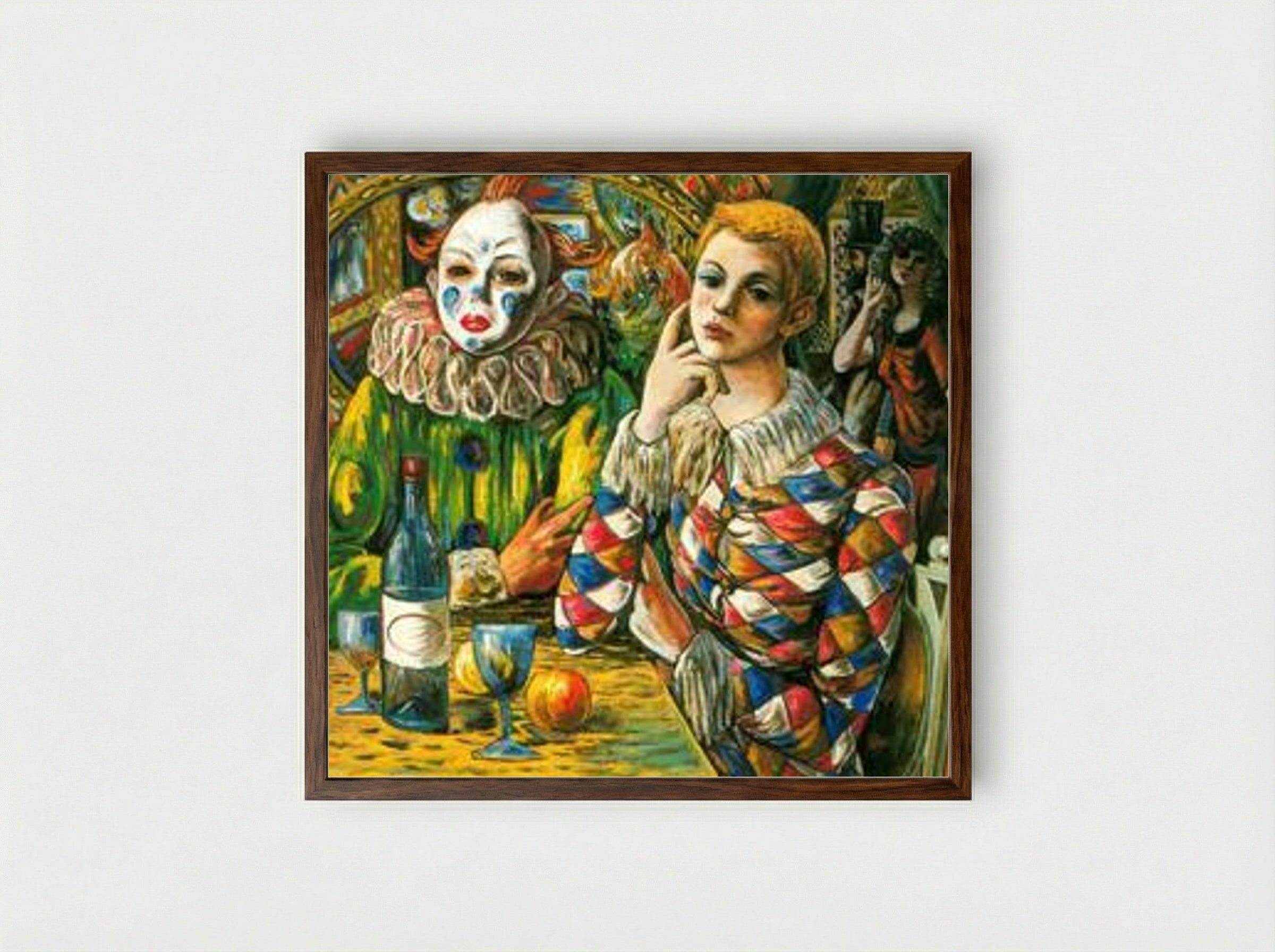 Harlequin and Clown with Mask - Rafael Zabaleta - Framed Print Dark Wood