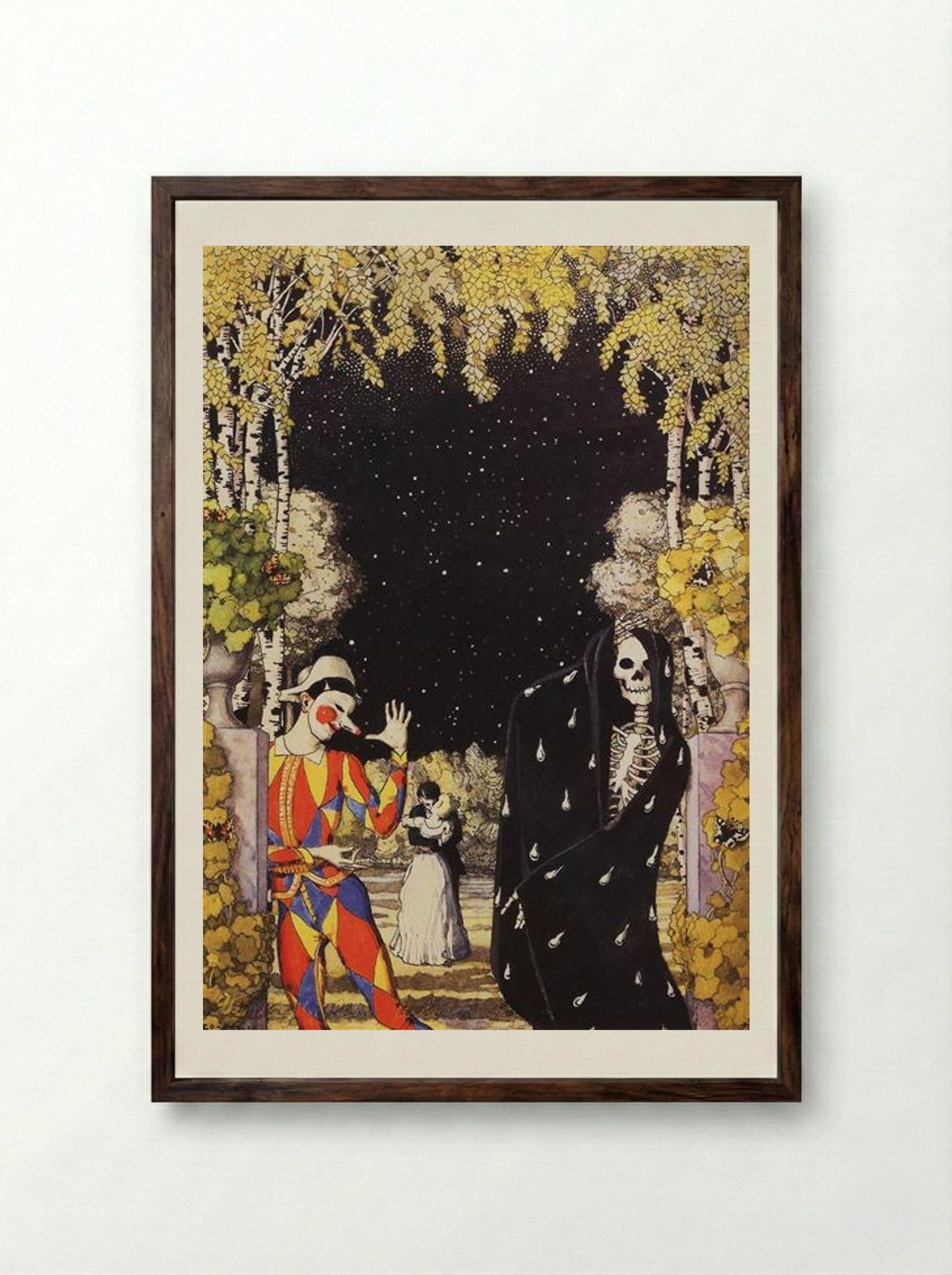 Harlequin and Death - Konstantin Somov - Framed Print Dark Wood