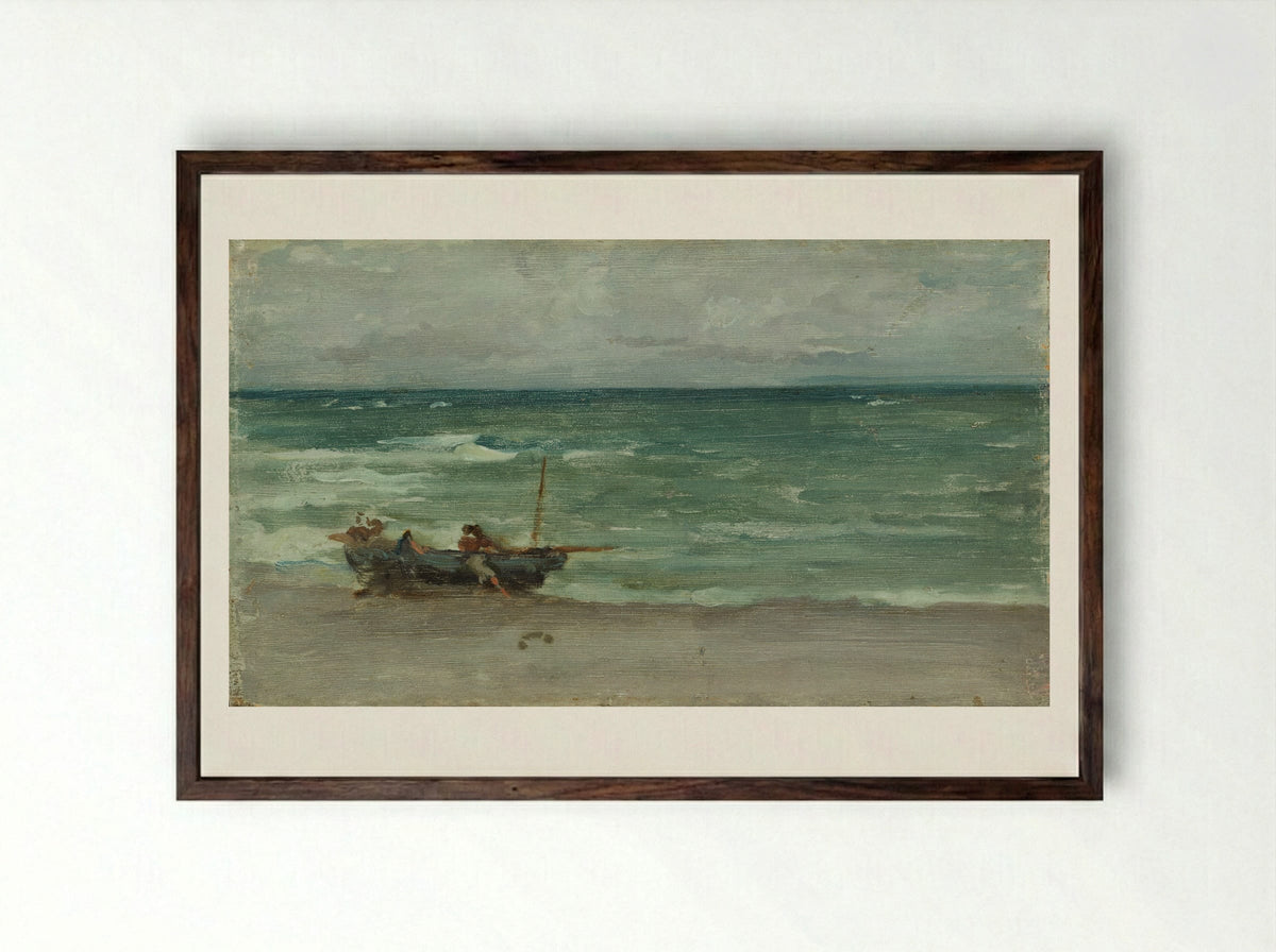 Harmony in Blue and Silver: Beaching the Boat, Étretat - James Abbott McNeill Whistler - Framed Print Dark Wood