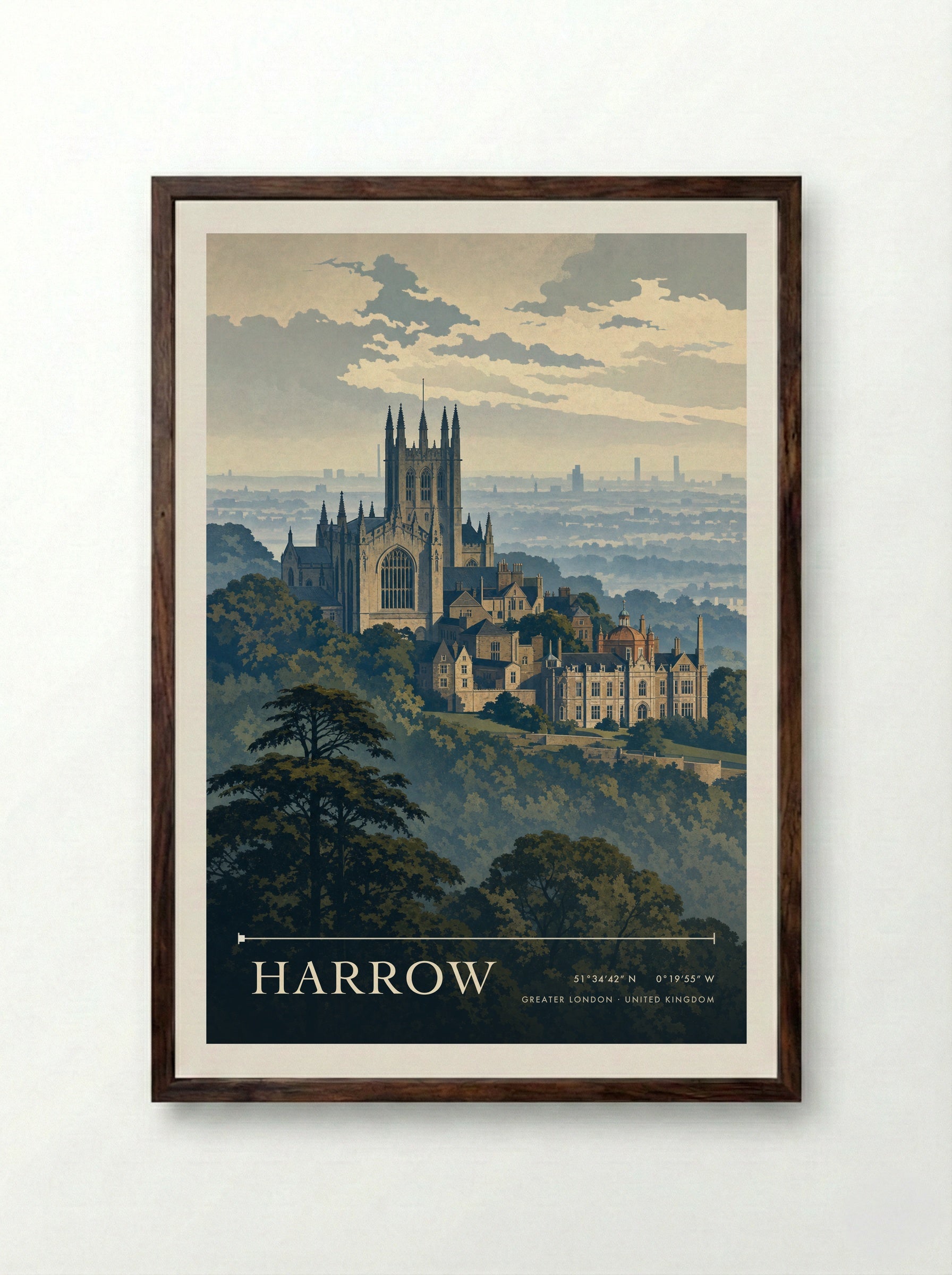 Harrow Greater London United Kingdom Travel Poster - Framed Print Dark Wood
