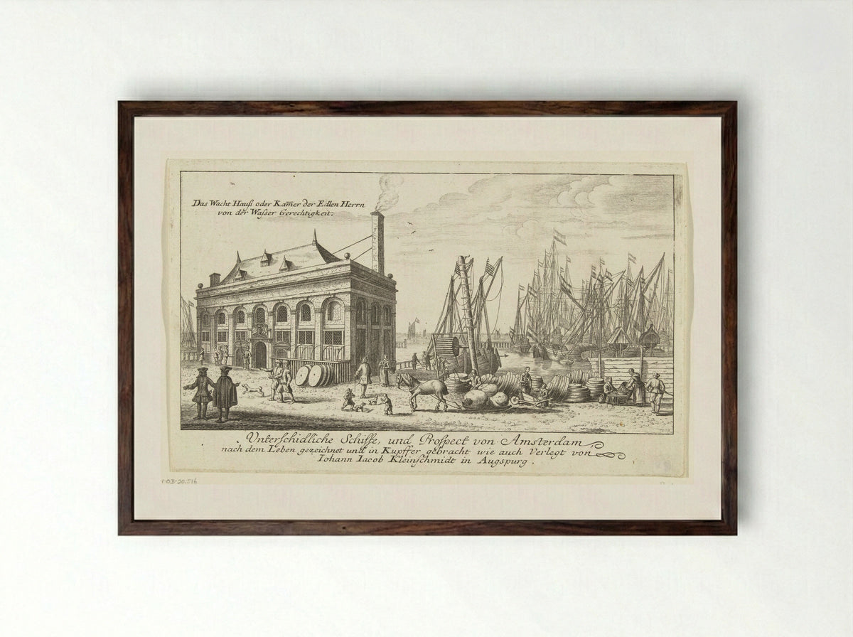 Haven van Amsterdam met het wachthuis - Johann Jakob Kleinschmidt - Framed Print Dark Wood