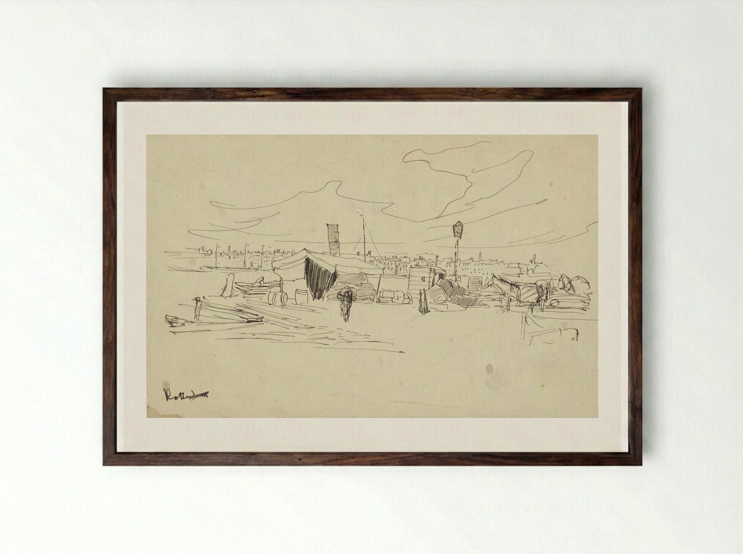 Havengezicht te Rotterdam - Adolf le Comte - Framed Print Dark Wood