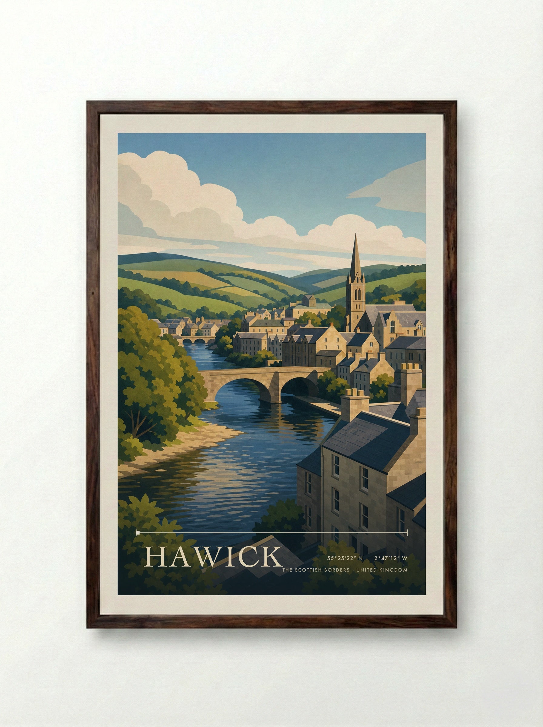 Hawick The Scottish Borders United Kingdom Travel Poster - Framed Print Dark Wood
