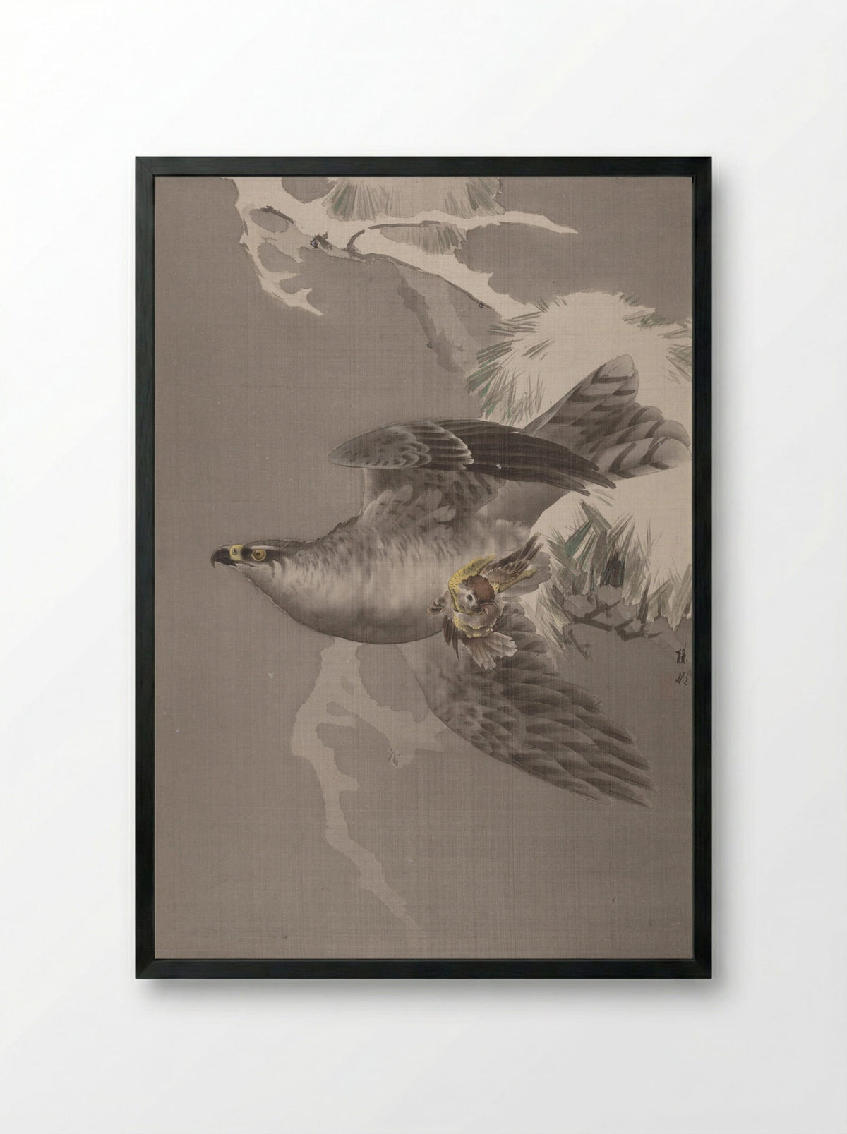 Hawk Holding a Small Bird - Okada Baison - Framed Print Black