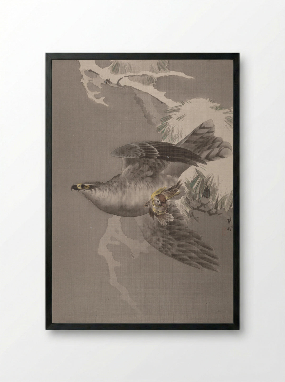 Hawk Holding a Small Bird - Okada Baison - Framed Print Black