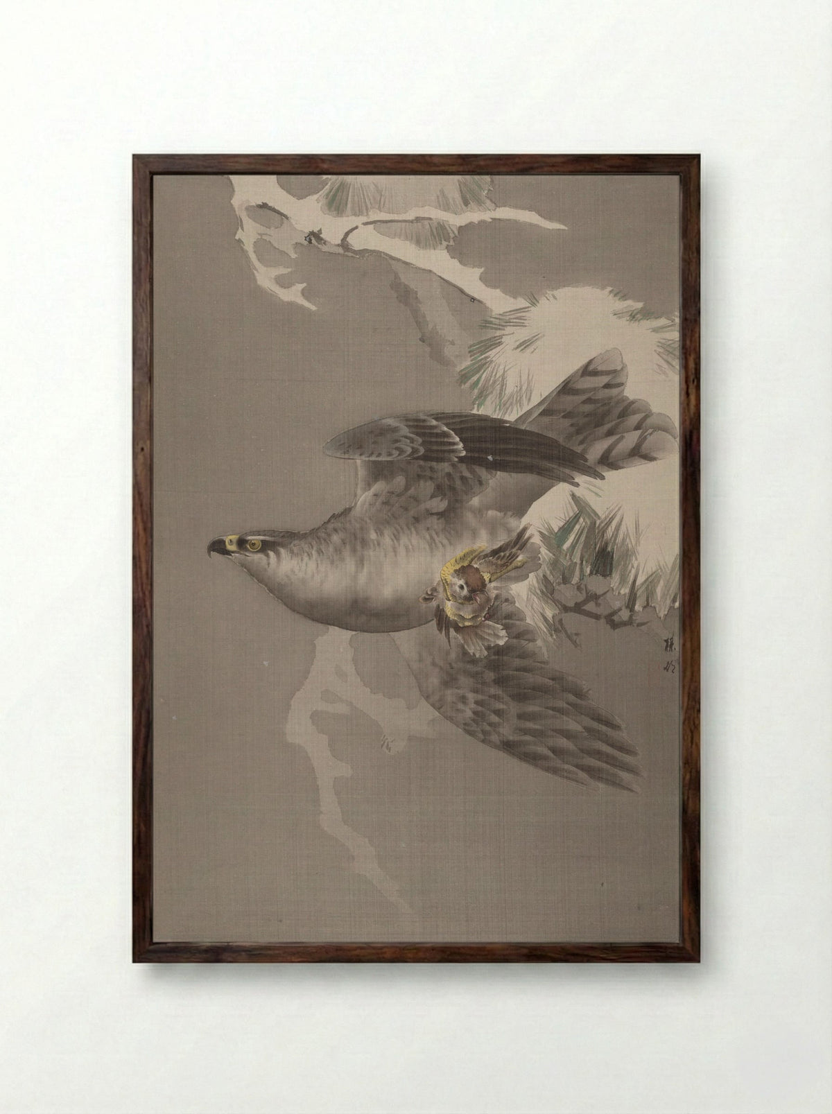 Hawk Holding a Small Bird - Okada Baison - Framed Print Dark Wood