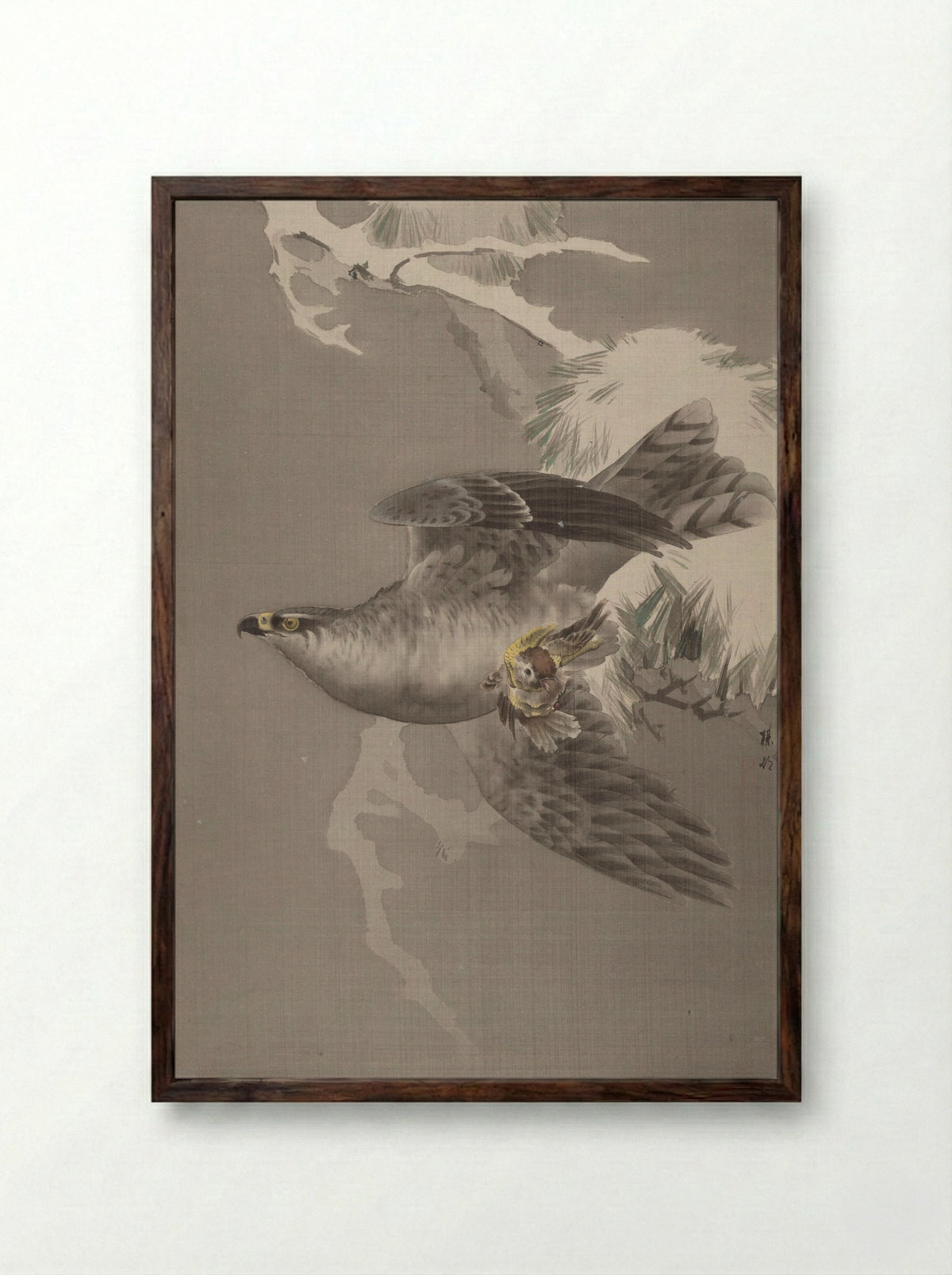 Hawk Holding a Small Bird - Okada Baison - Framed Print Dark Wood