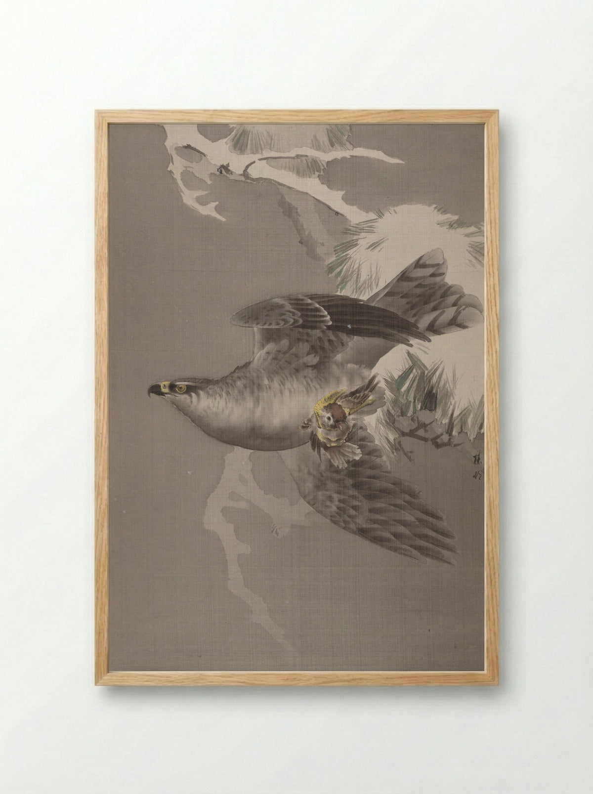 Hawk Holding a Small Bird - Okada Baison - Framed Print Wood