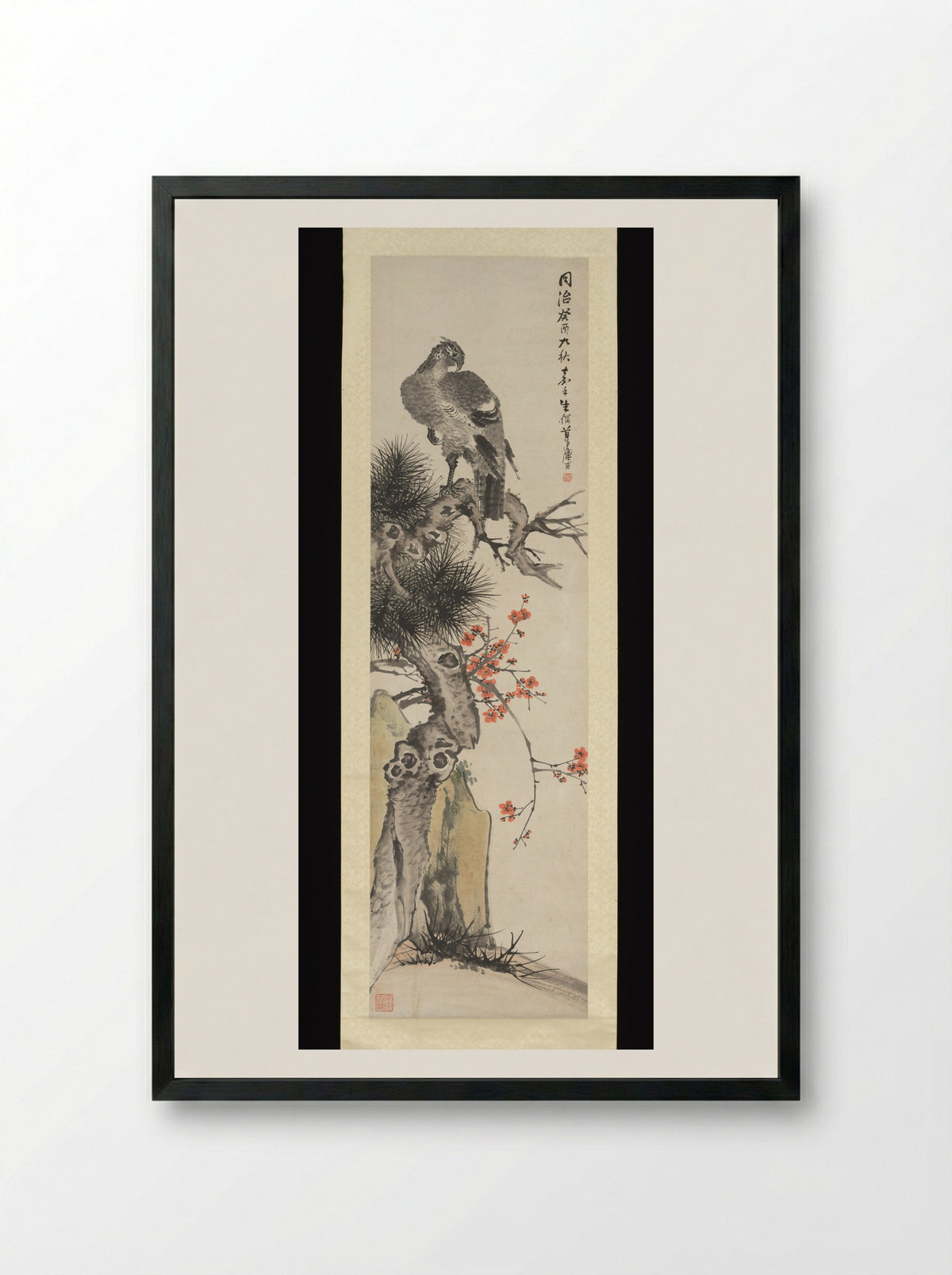 Hawk, Pine, Plum, and Rock - Zhu Cheng - Framed Print Black
