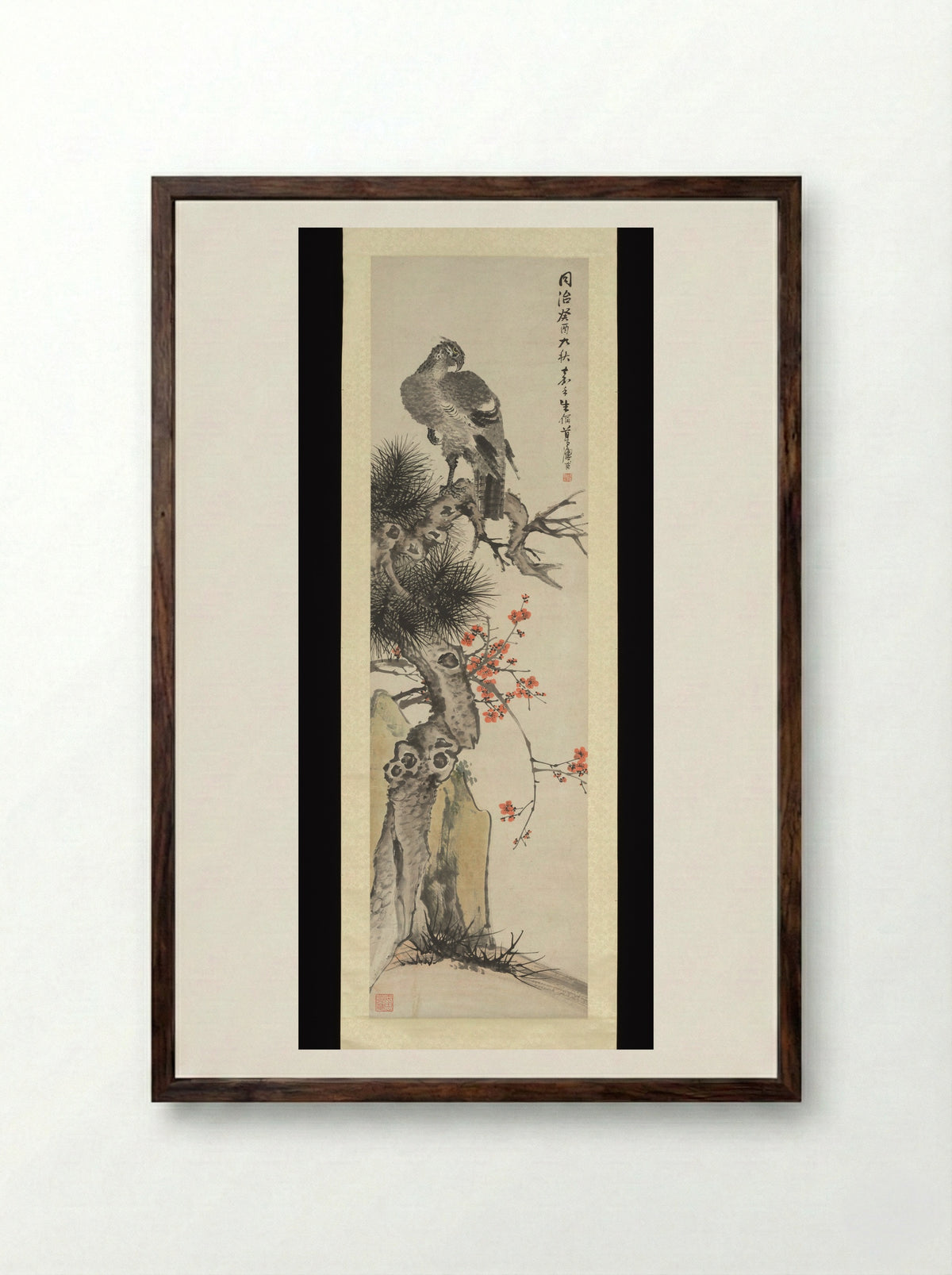 Hawk, Pine, Plum, and Rock - Zhu Cheng - Framed Print Dark Wood