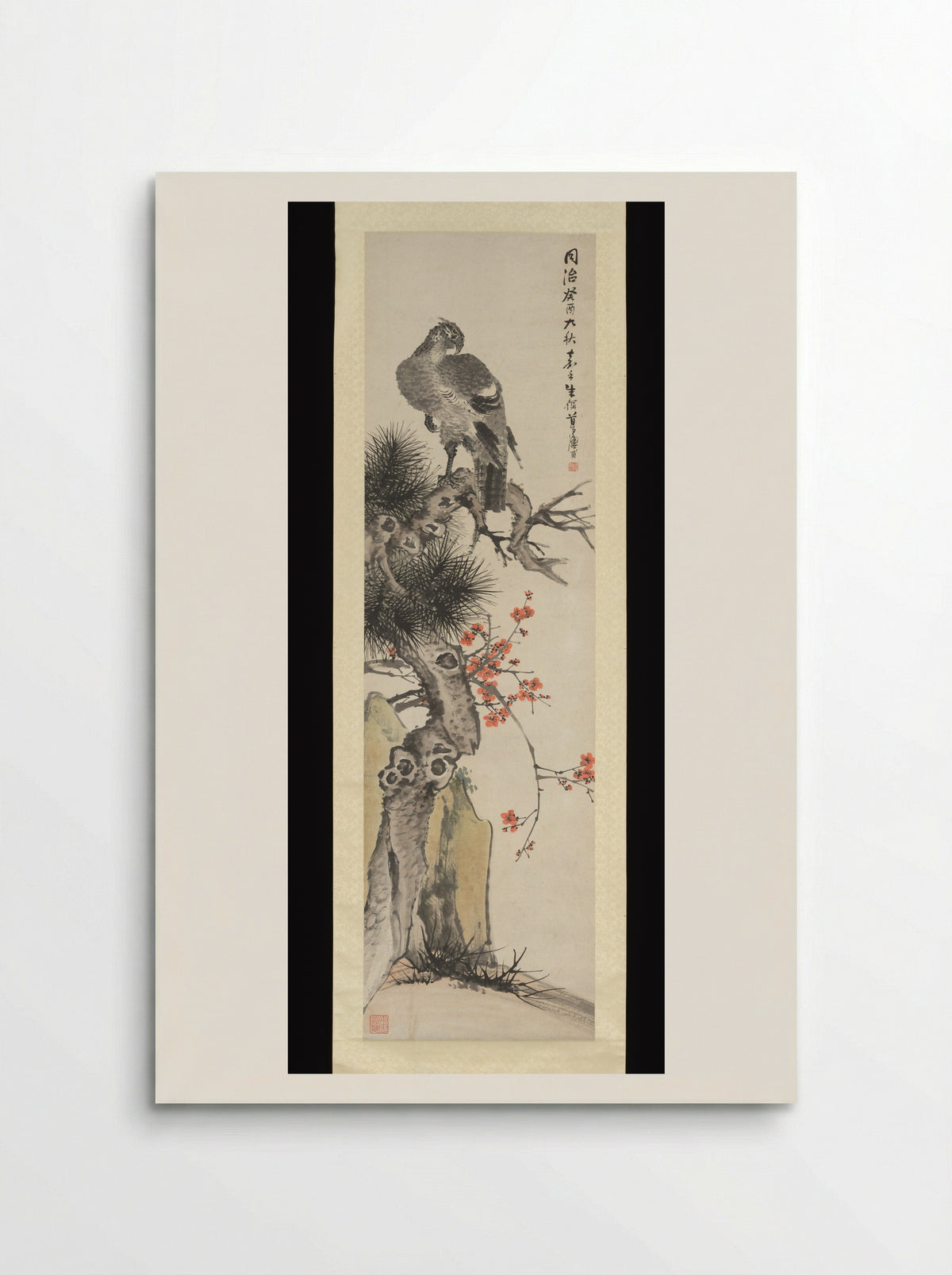 Hawk, Pine, Plum, and Rock - Zhu Cheng - Poster