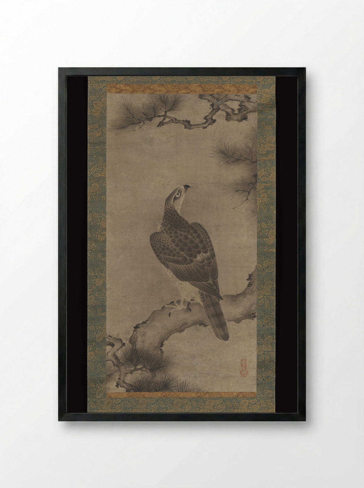 Hawk on a Pine - Kano Yukinobu - Framed Print Black