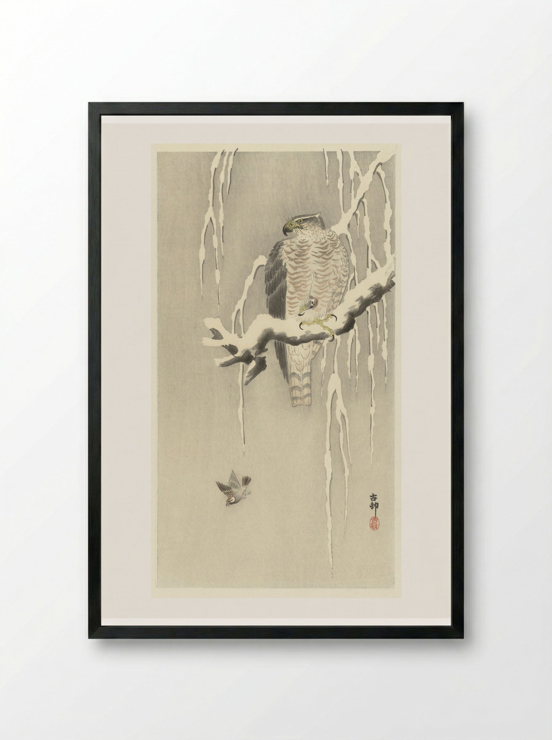 Hawk with Captured Sparrow in Snow - Ohara Koson - Framed Print Black