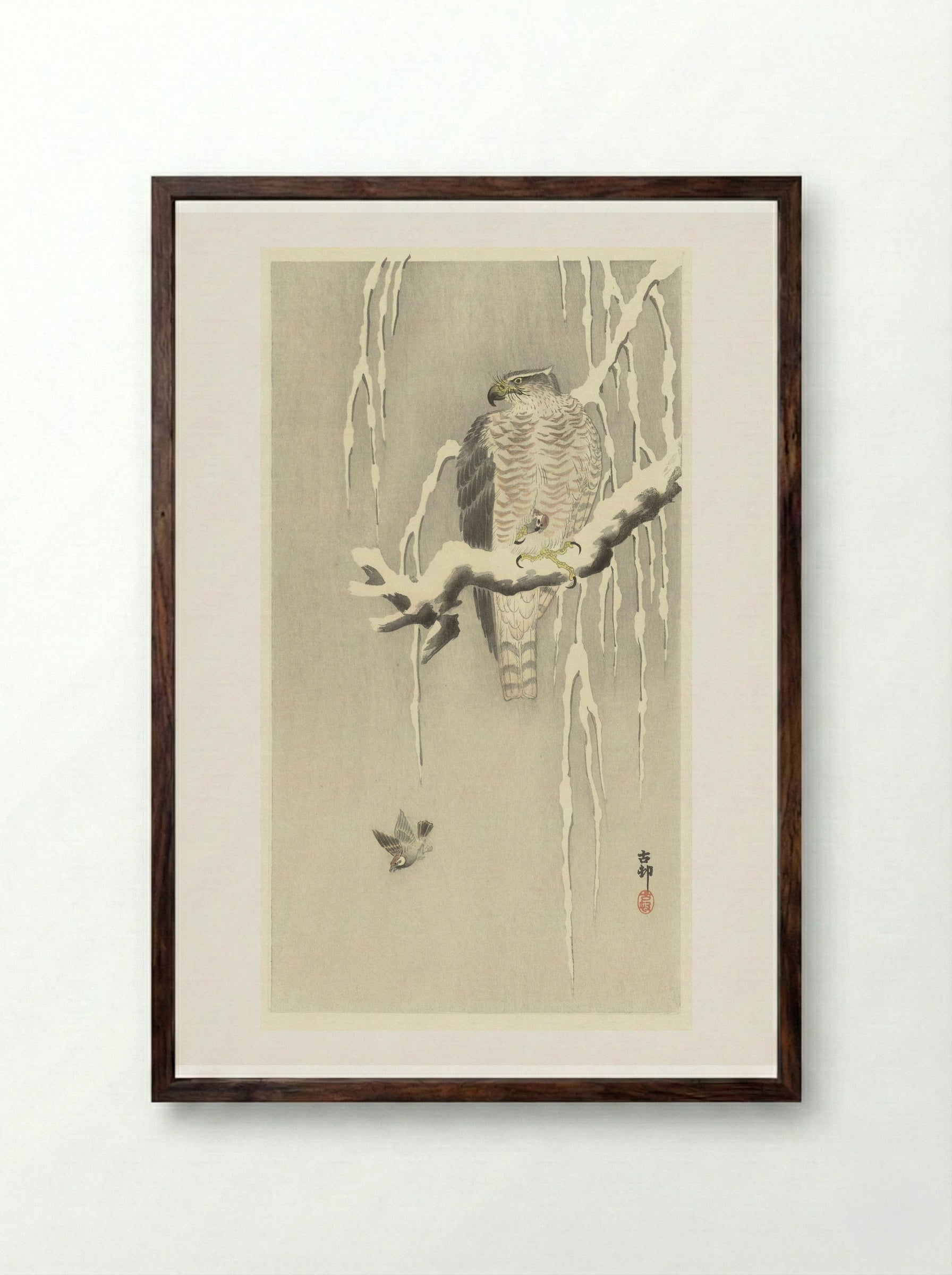 Hawk with Captured Sparrow in Snow - Ohara Koson - Framed Print Dark Wood