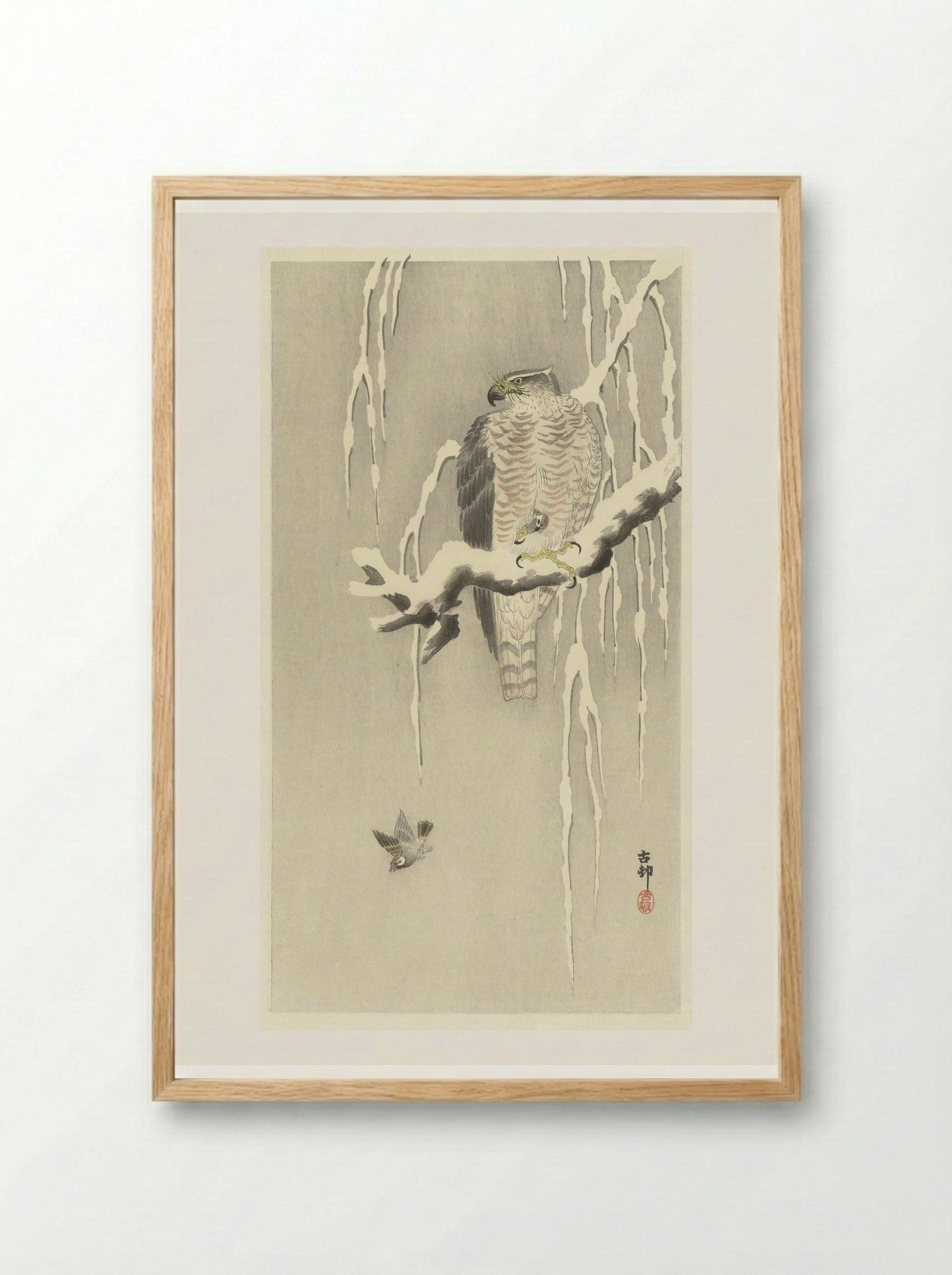 Hawk with Captured Sparrow in Snow - Ohara Koson - Framed Print Wood