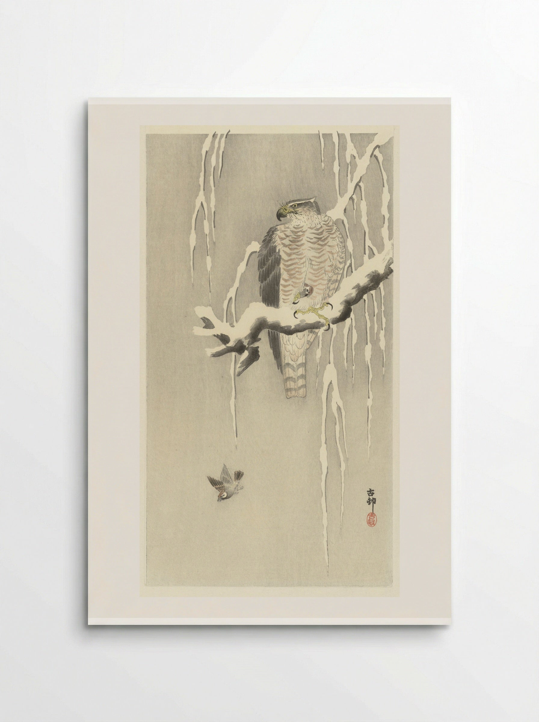Hawk with Captured Sparrow in Snow - Ohara Koson - Poster