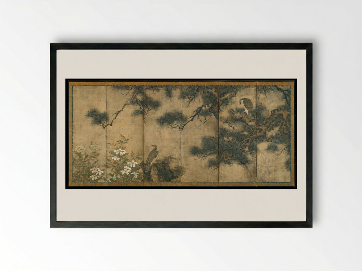 Hawks with Pine Trees and Camellias - Mitani Tōshuku - Framed Print Black