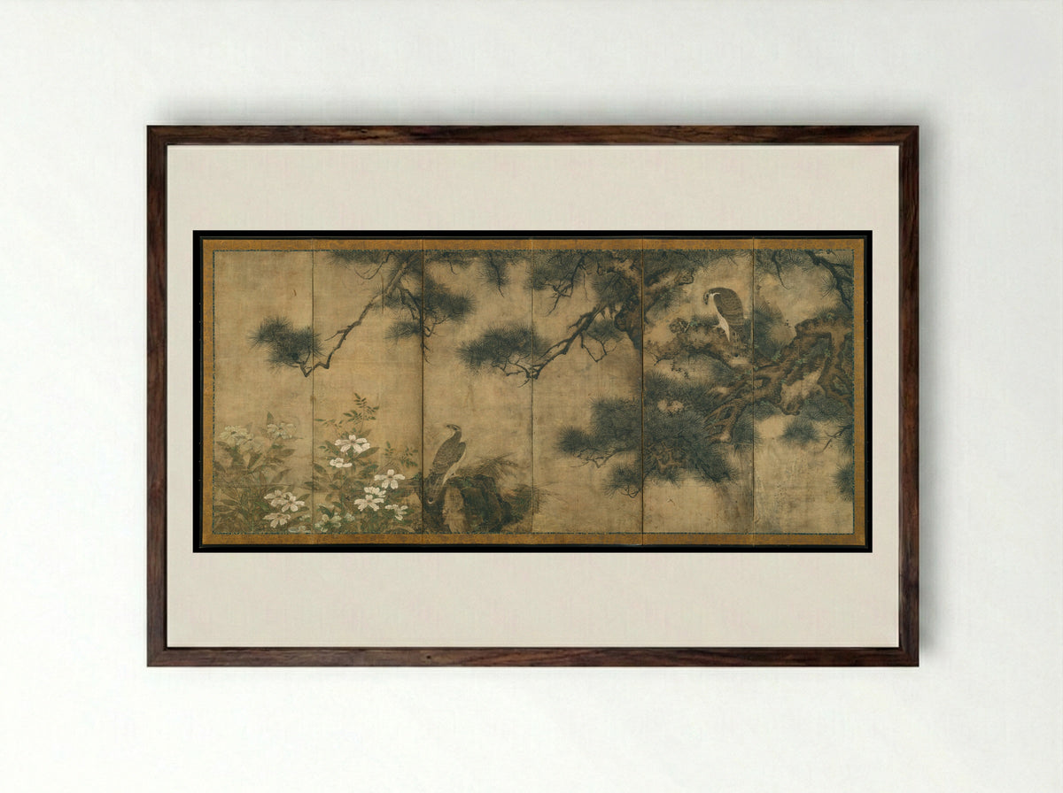 Hawks with Pine Trees and Camellias - Mitani Tōshuku - Framed Print Dark Wood