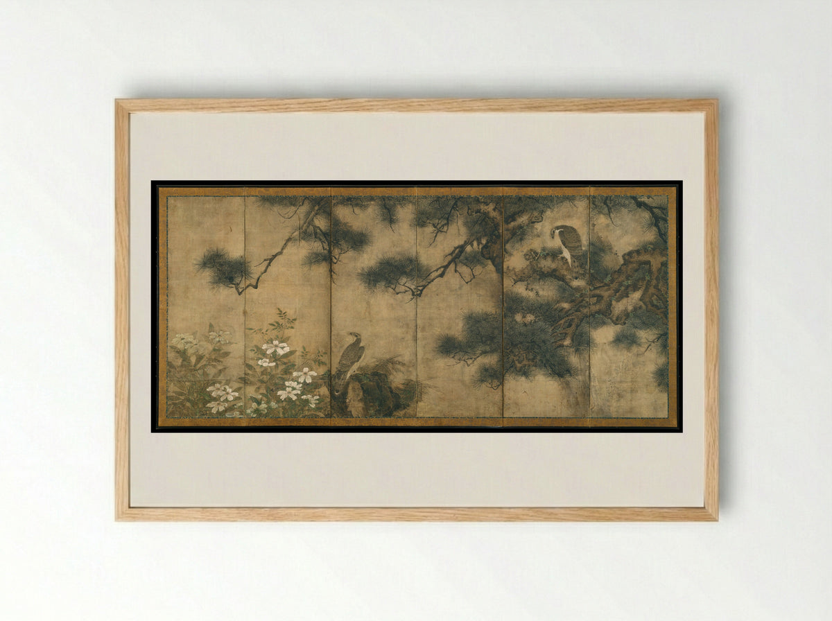 Hawks with Pine Trees and Camellias - Mitani Tōshuku - Framed Print Wood