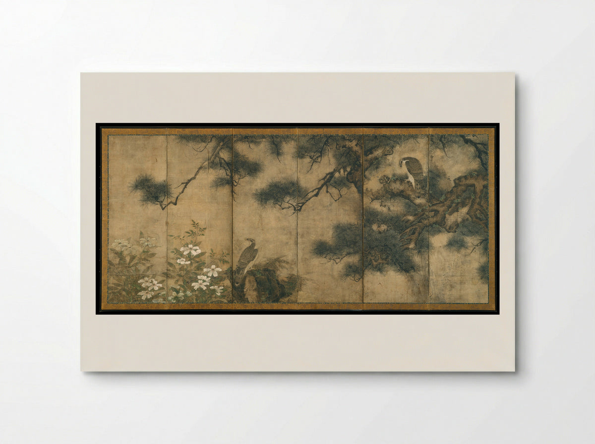 Hawks with Pine Trees and Camellias - Mitani Tōshuku - Poster