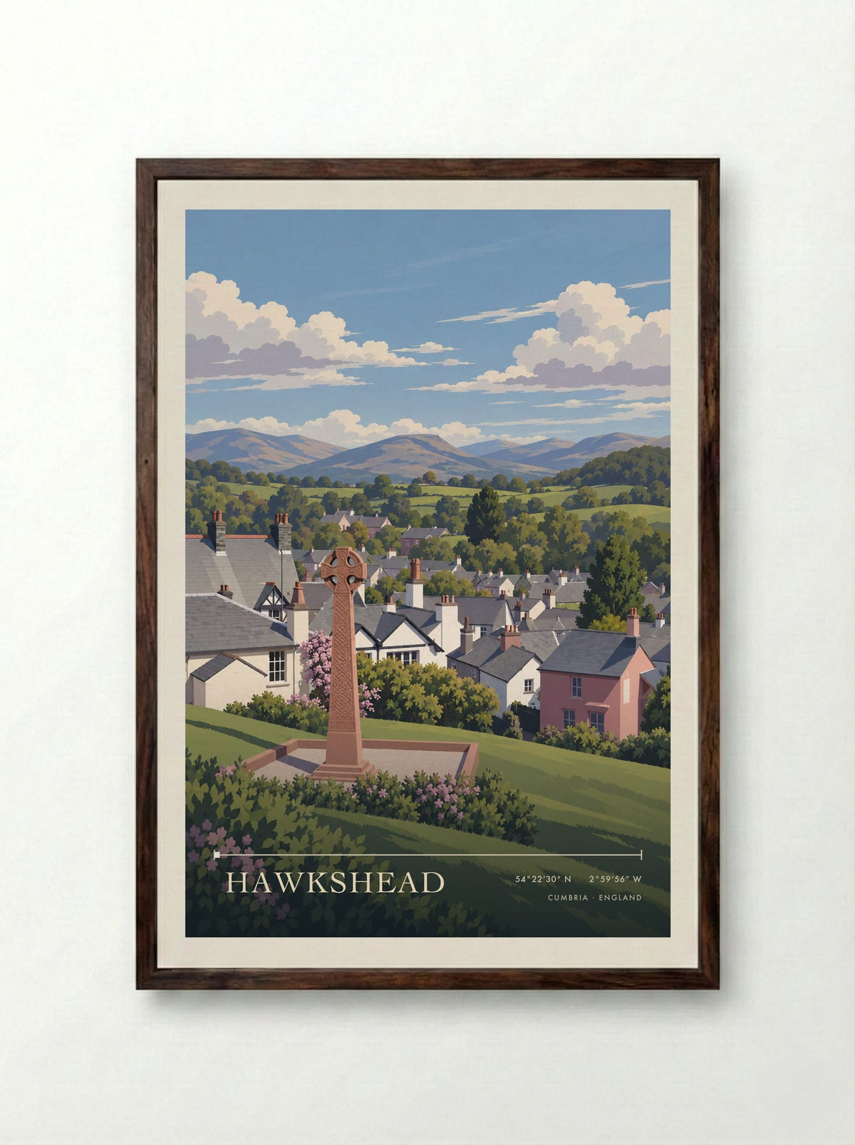 Hawkshead, Cumbria | Travel Poster - Framed Print Dark Wood