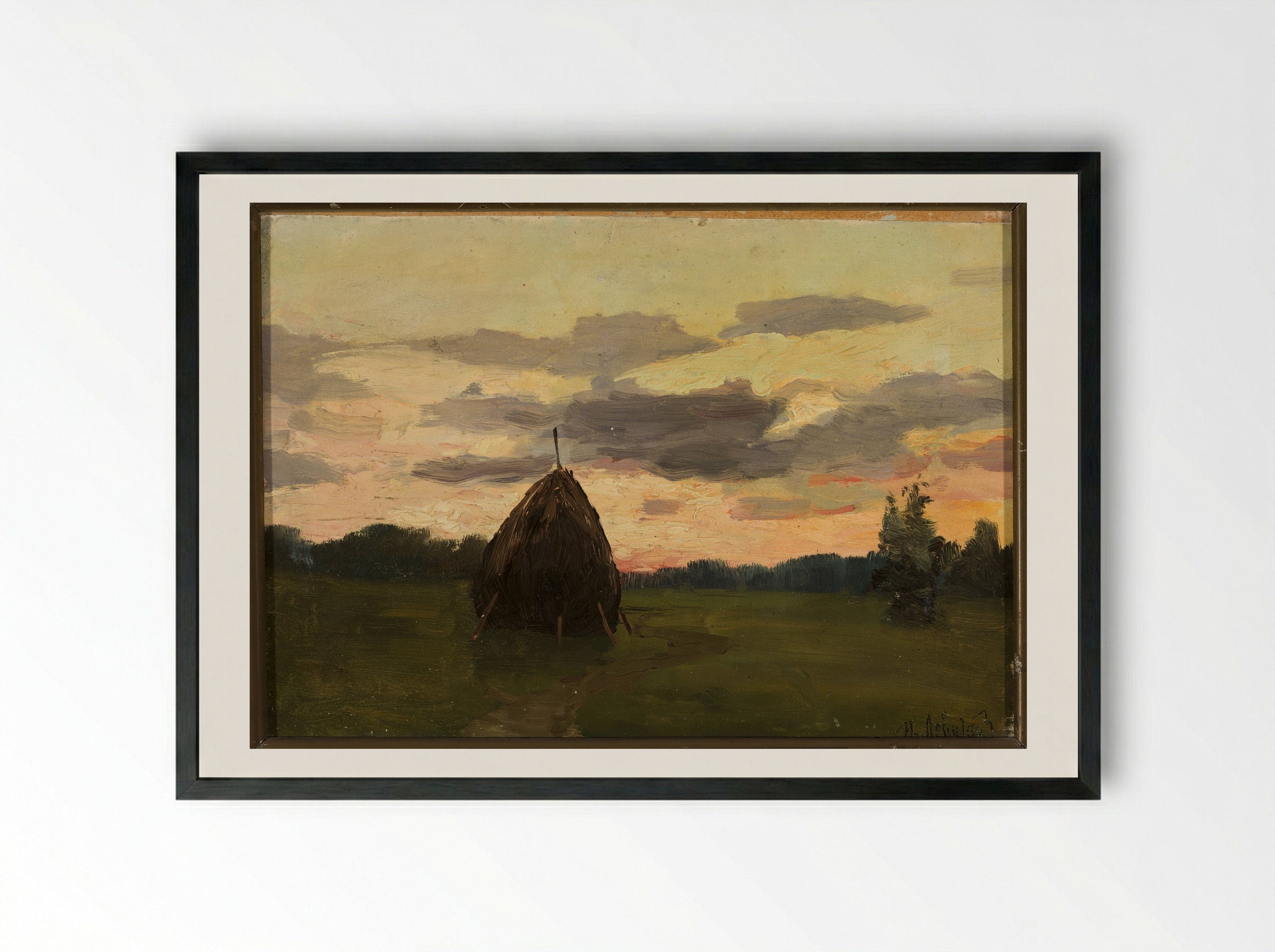 Haystack at Sunset - Isaac Levitan - Framed Print Black