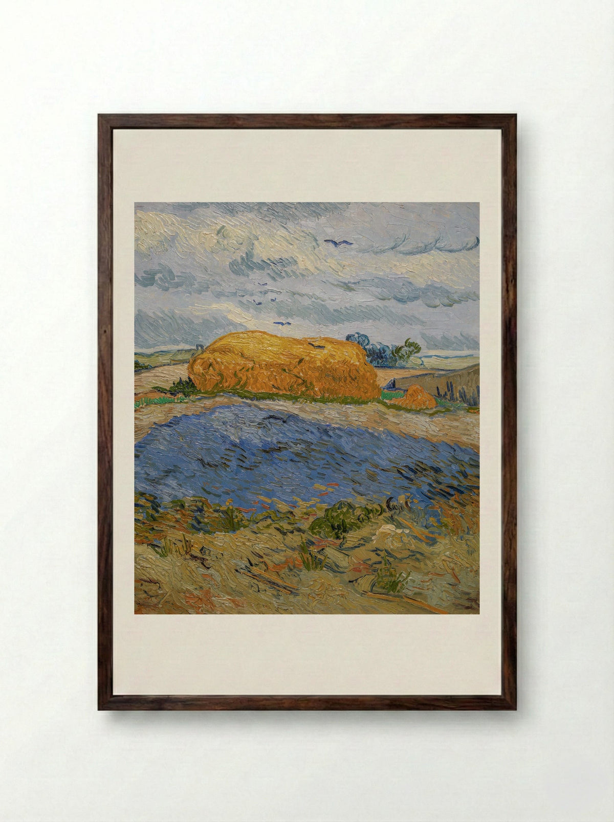 Haystack under a Rainy Sky - Vincent van Gogh - Framed Print Dark Wood