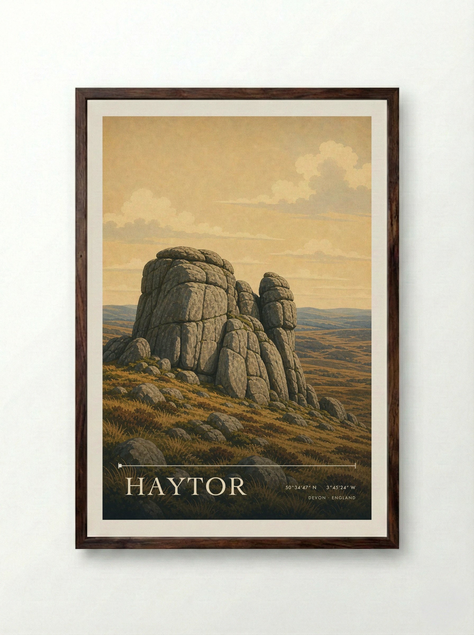 Haytor Devon England Travel Poster - Framed Print Dark Wood