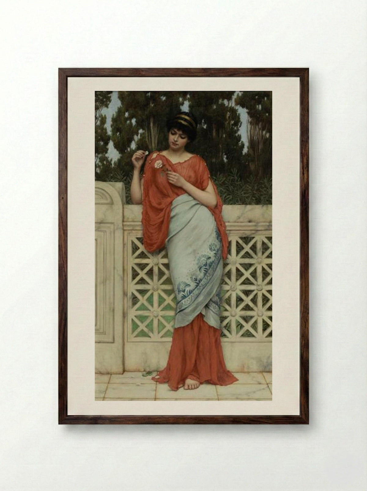 He Loves Me, He Loves Me Not - John William Godward - Framed Print Dark Wood