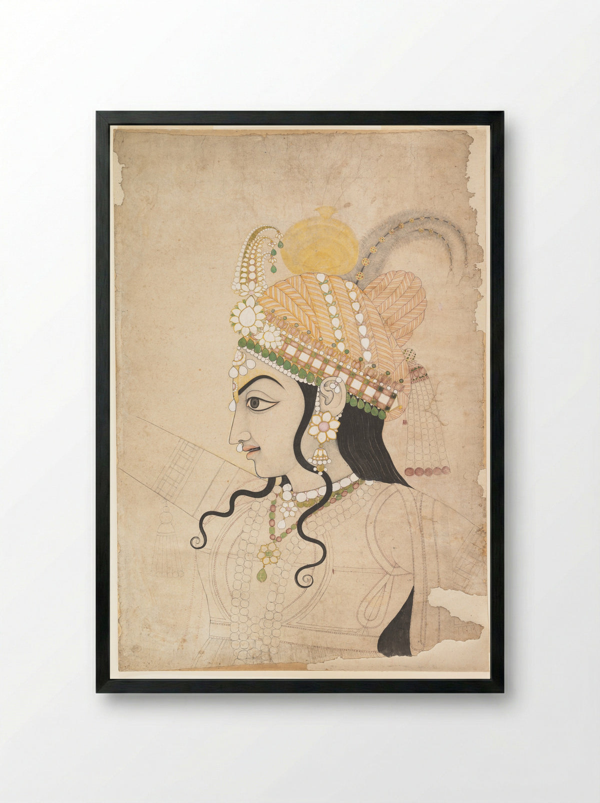 Head of Krishna: cartoon for a mural of the Raslila - Sahib Ram - Framed Print Black