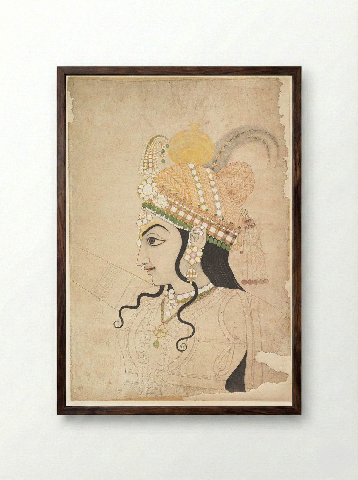 Head of Krishna: cartoon for a mural of the Raslila - Sahib Ram - Framed Print Dark Wood