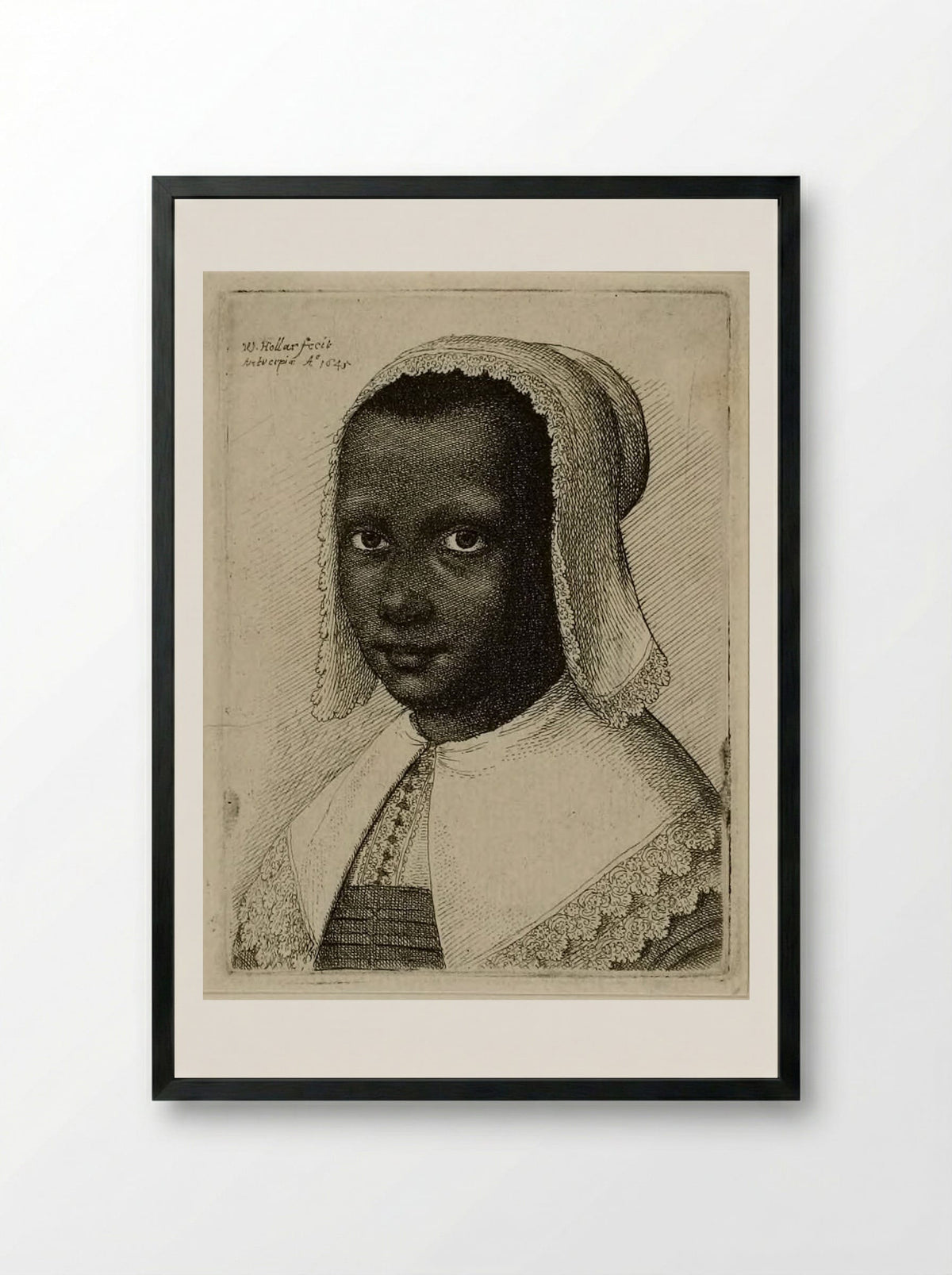Head of a Black Woman with a Lace Kerchief Hat - Wenceslaus Hollar - Framed Print Black