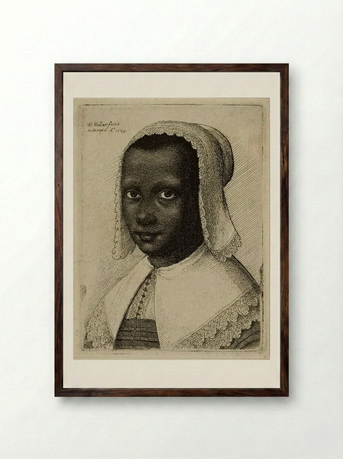 Head of a Black Woman with a Lace Kerchief Hat - Wenceslaus Hollar - Framed Print Dark Wood