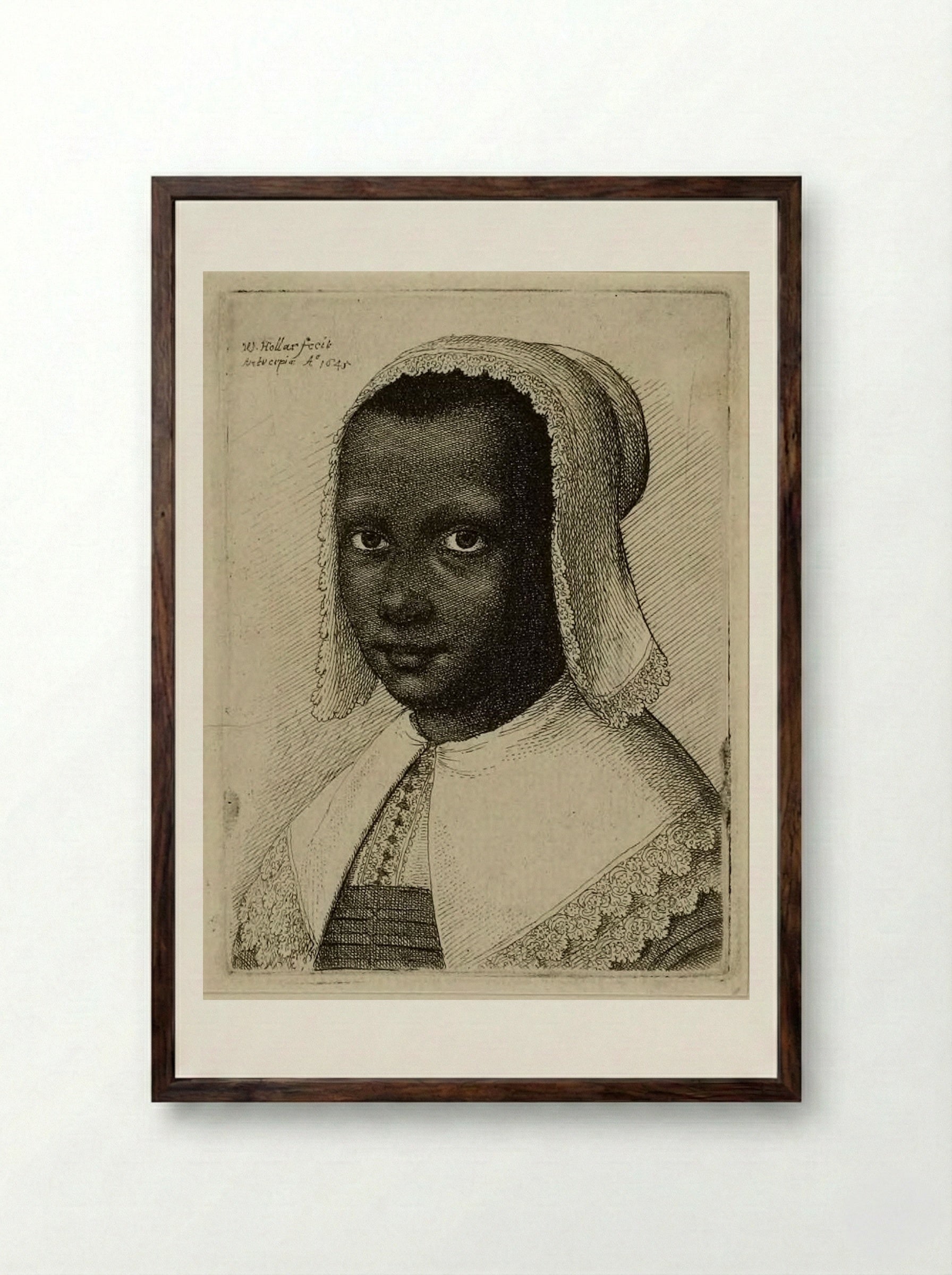 Head of a Black Woman with a Lace Kerchief Hat - Wenceslaus Hollar - Framed Print Dark Wood