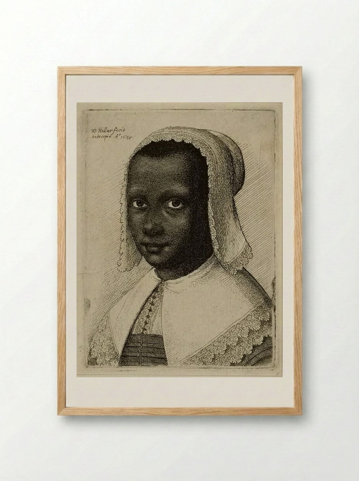 Head of a Black Woman with a Lace Kerchief Hat - Wenceslaus Hollar - Framed Print Wood
