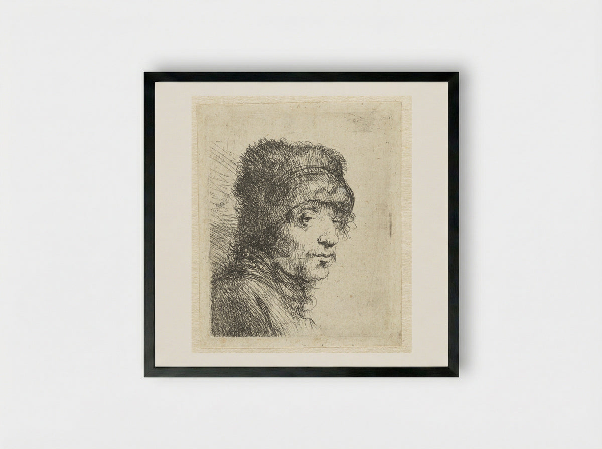 Head of a Man in a Fur Cap - Jan Lievens - Framed Print Black