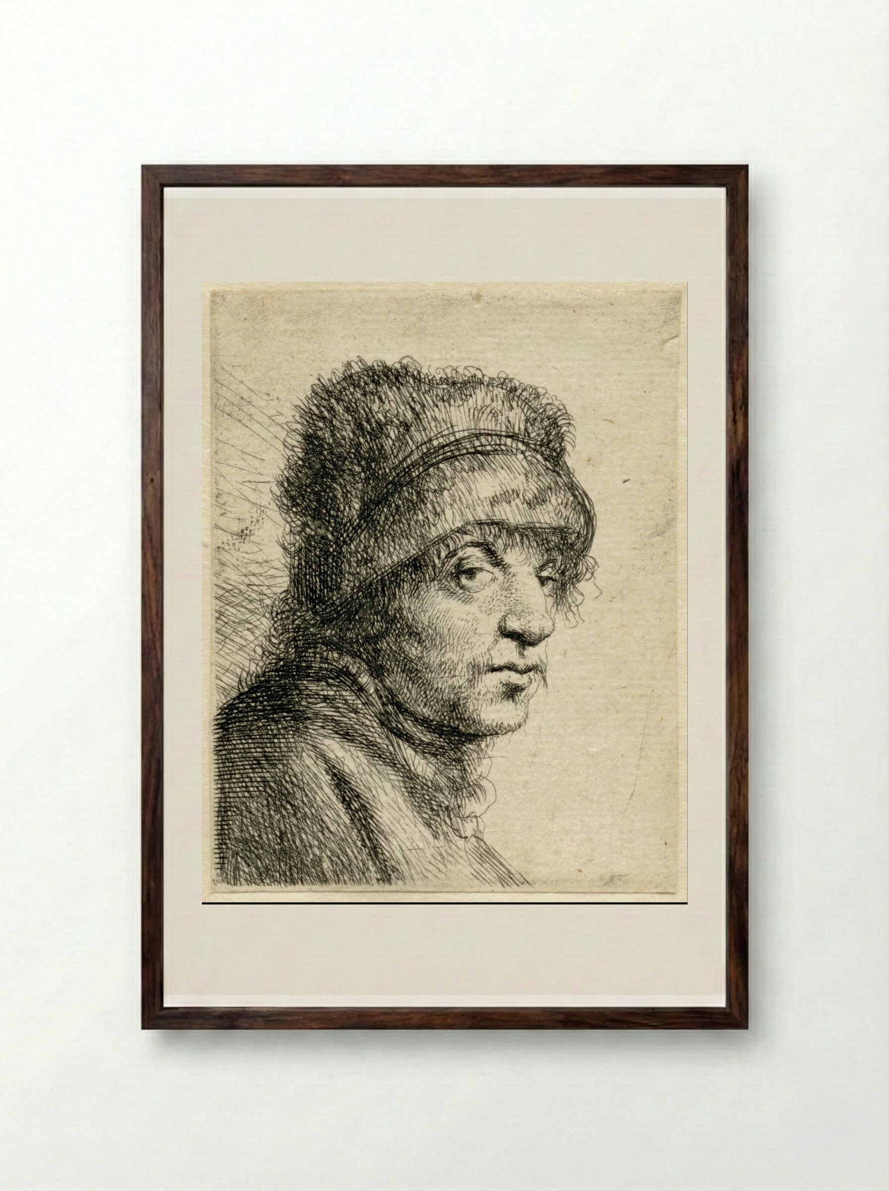 Head of a Man in a Fur Cap - Jan Lievens - Framed Print Dark Wood