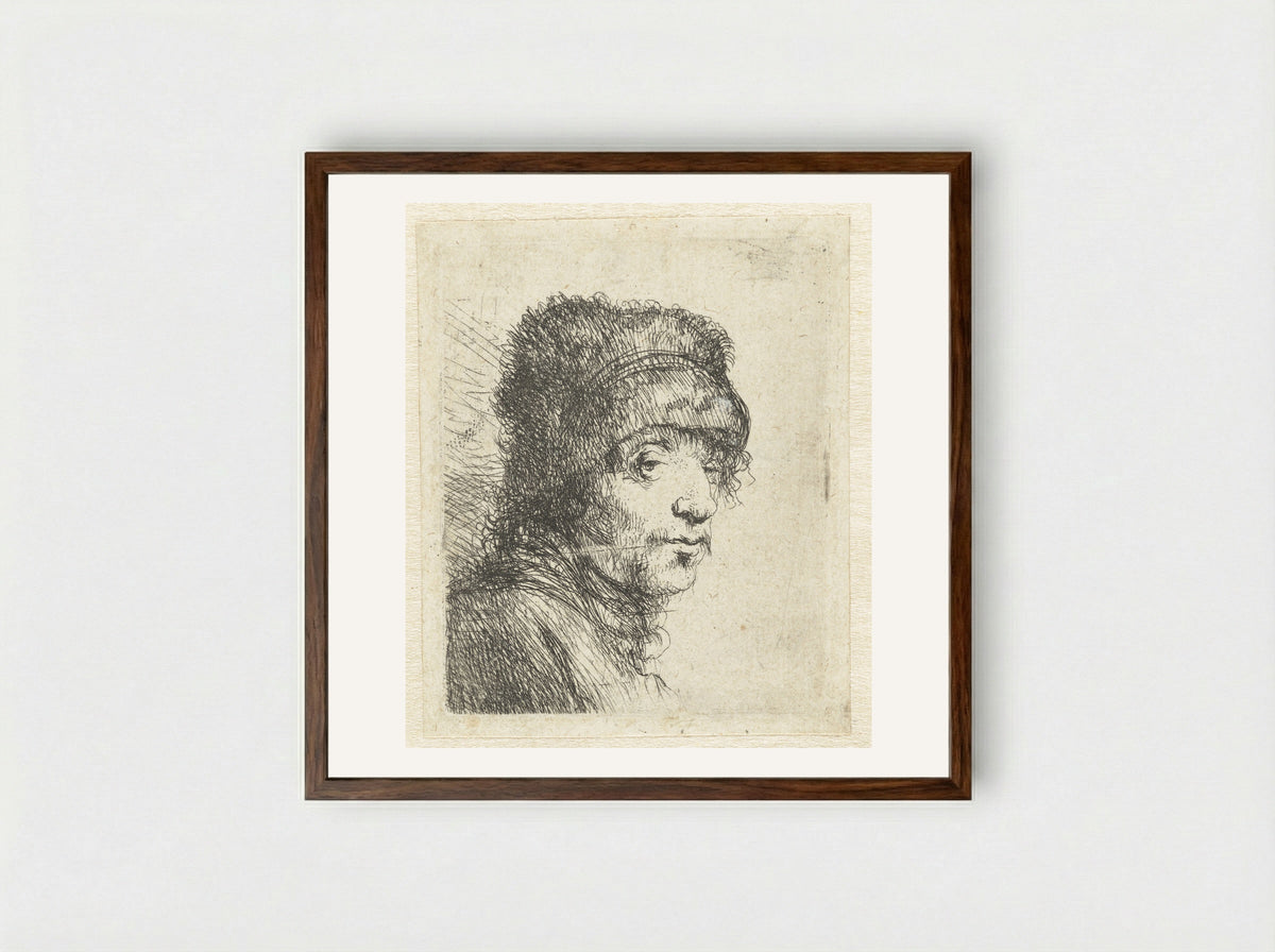 Head of a Man in a Fur Cap - Jan Lievens - Framed Print Dark Wood