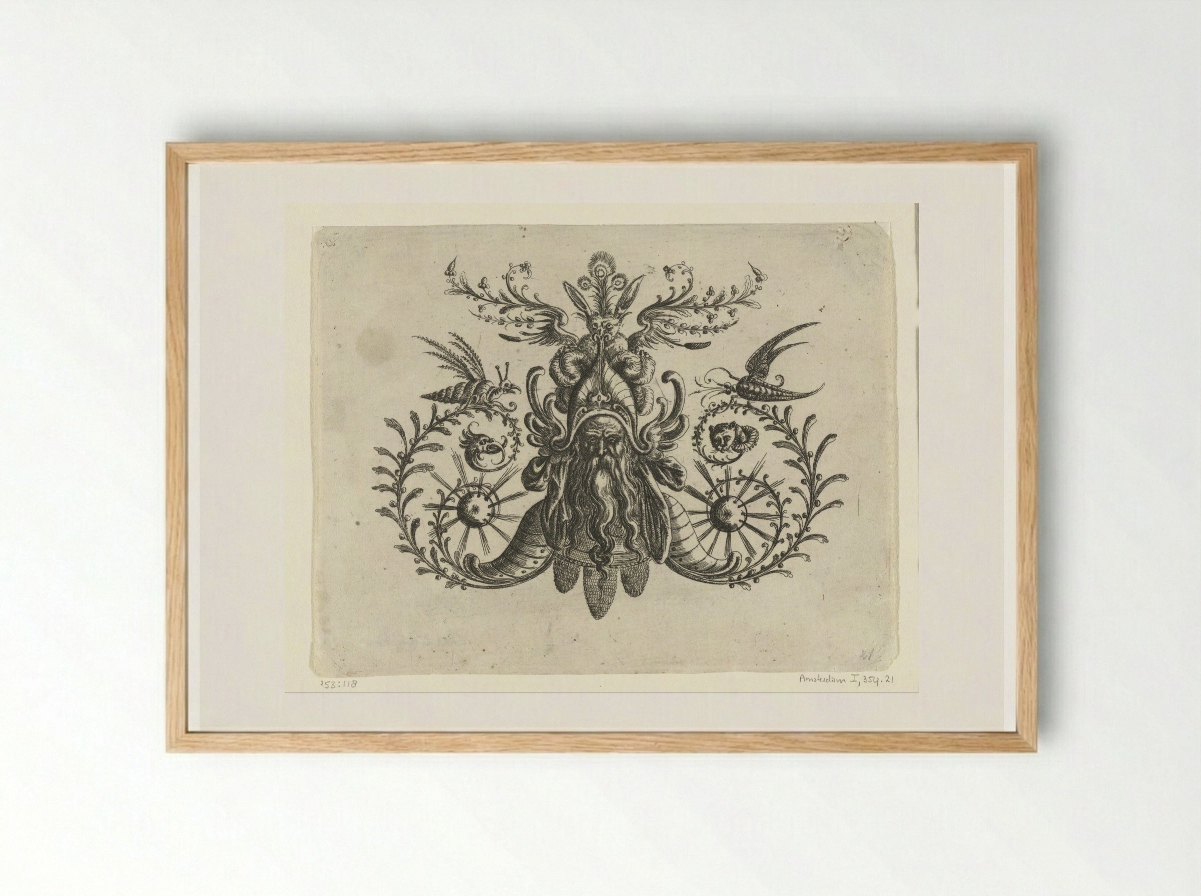 Head of a Man with a Long Wavy Beard Among Volutes and Foliage - Christoph Jamnitzer - Framed Print Wood