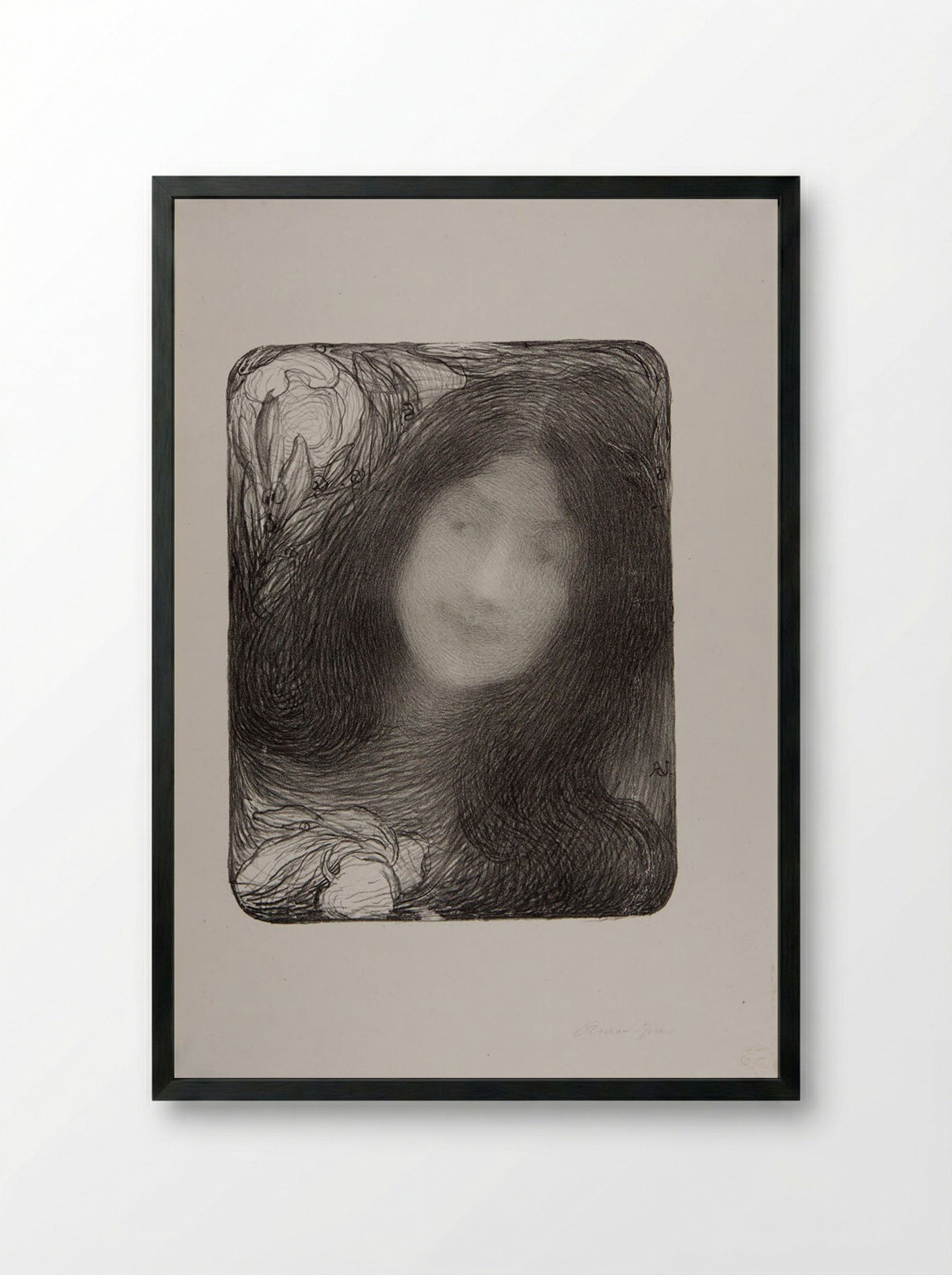 Head of a Woman with Peonies - Edmond François Aman-Jean - Framed Print Black