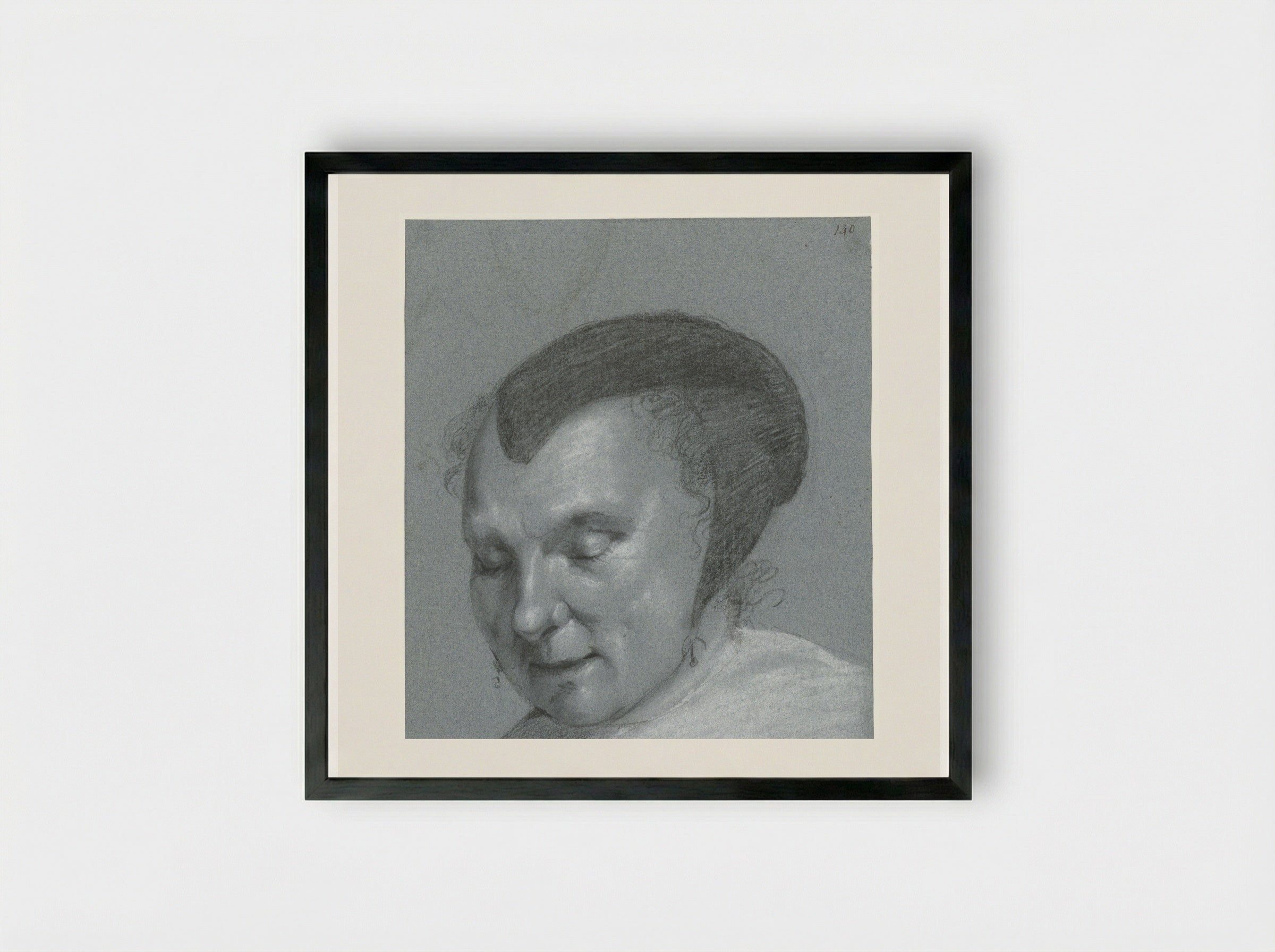 Head of a Woman with a Black Cap, Facing Left - Moses ter Borch - Framed Print Black