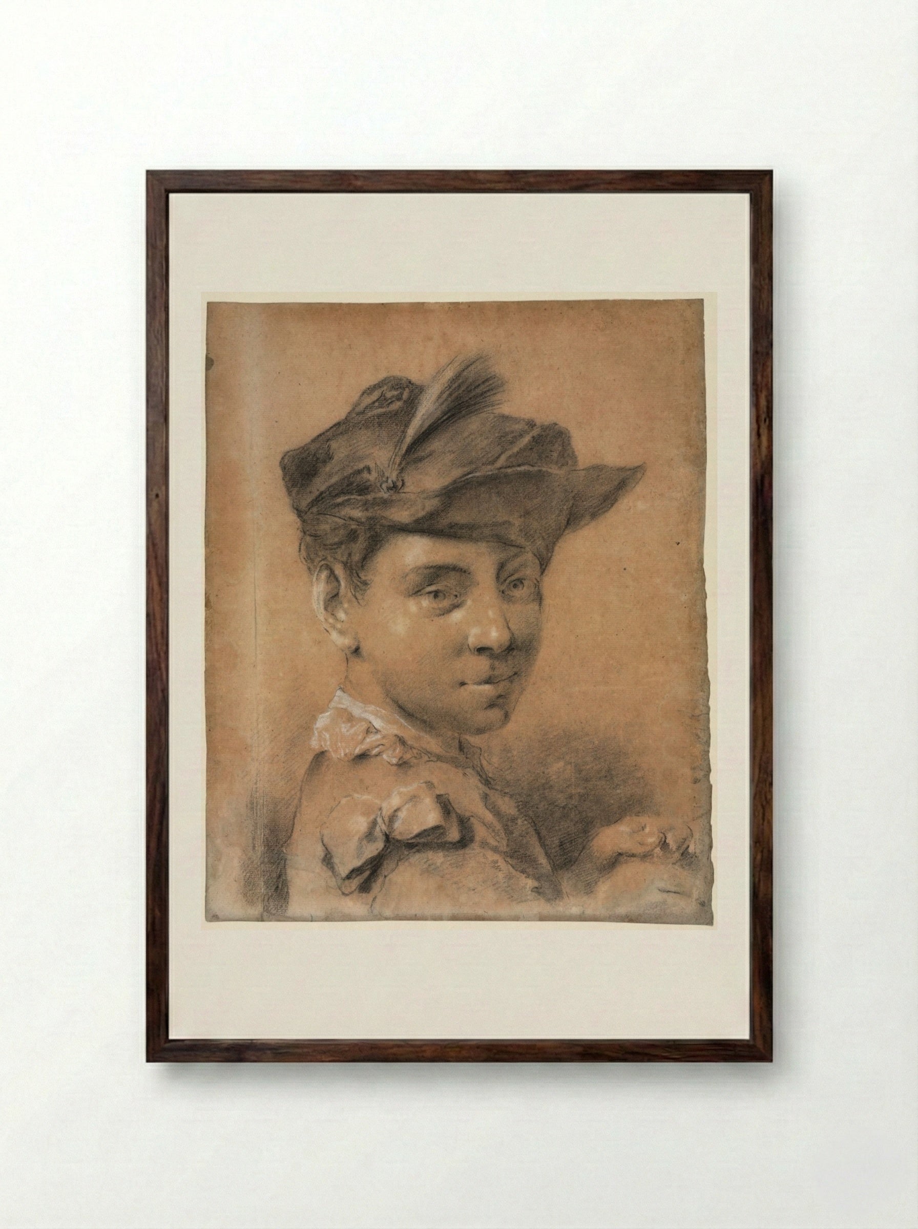 Head of a Young Man Wearing a Hat - Giovanni Battista Piazzetta - Framed Print Dark Wood