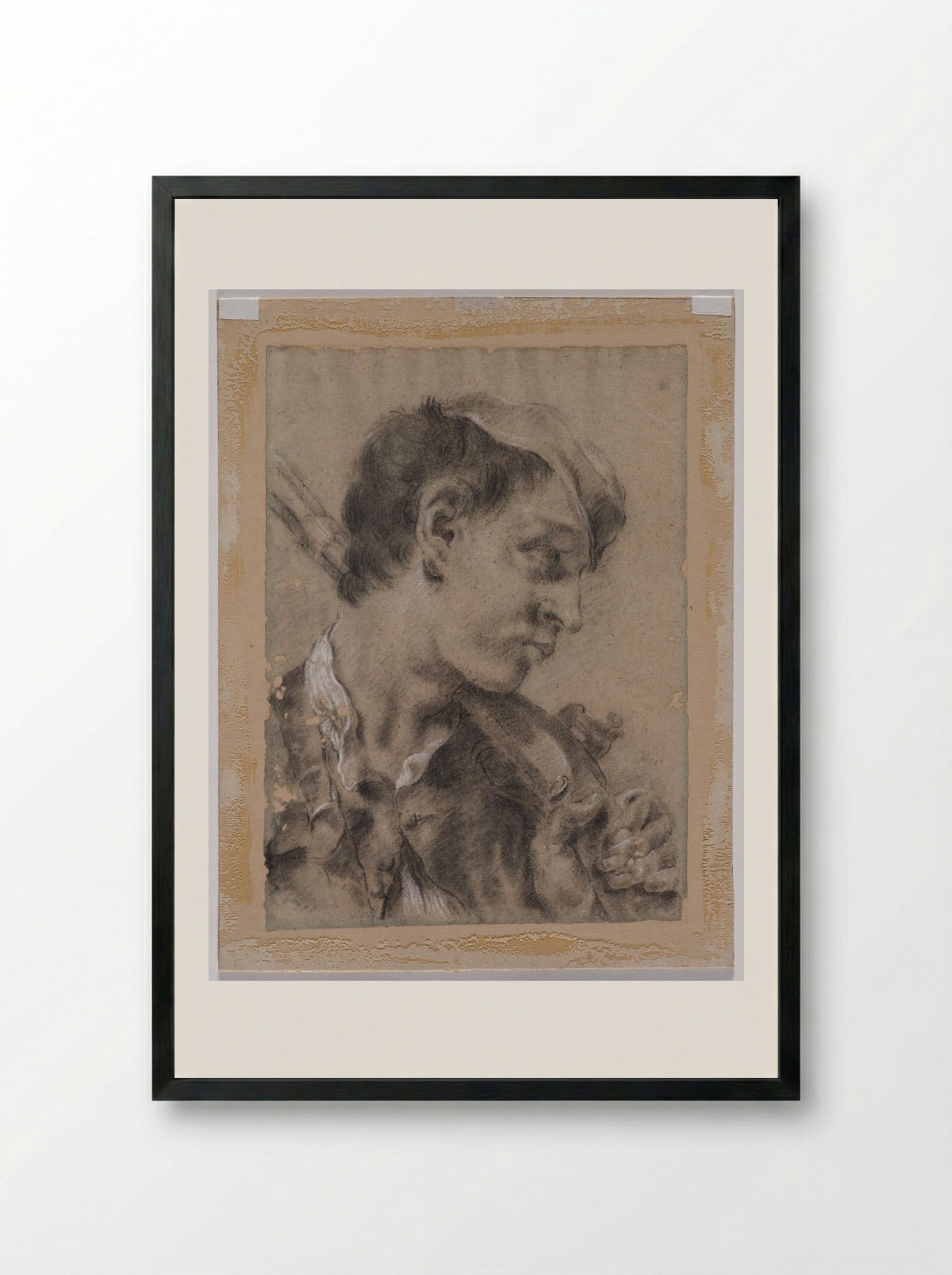 Head of a Young Man in Profile with a Gun over His Shoulder - Giovanni Battista Piazzetta - Framed Print Black