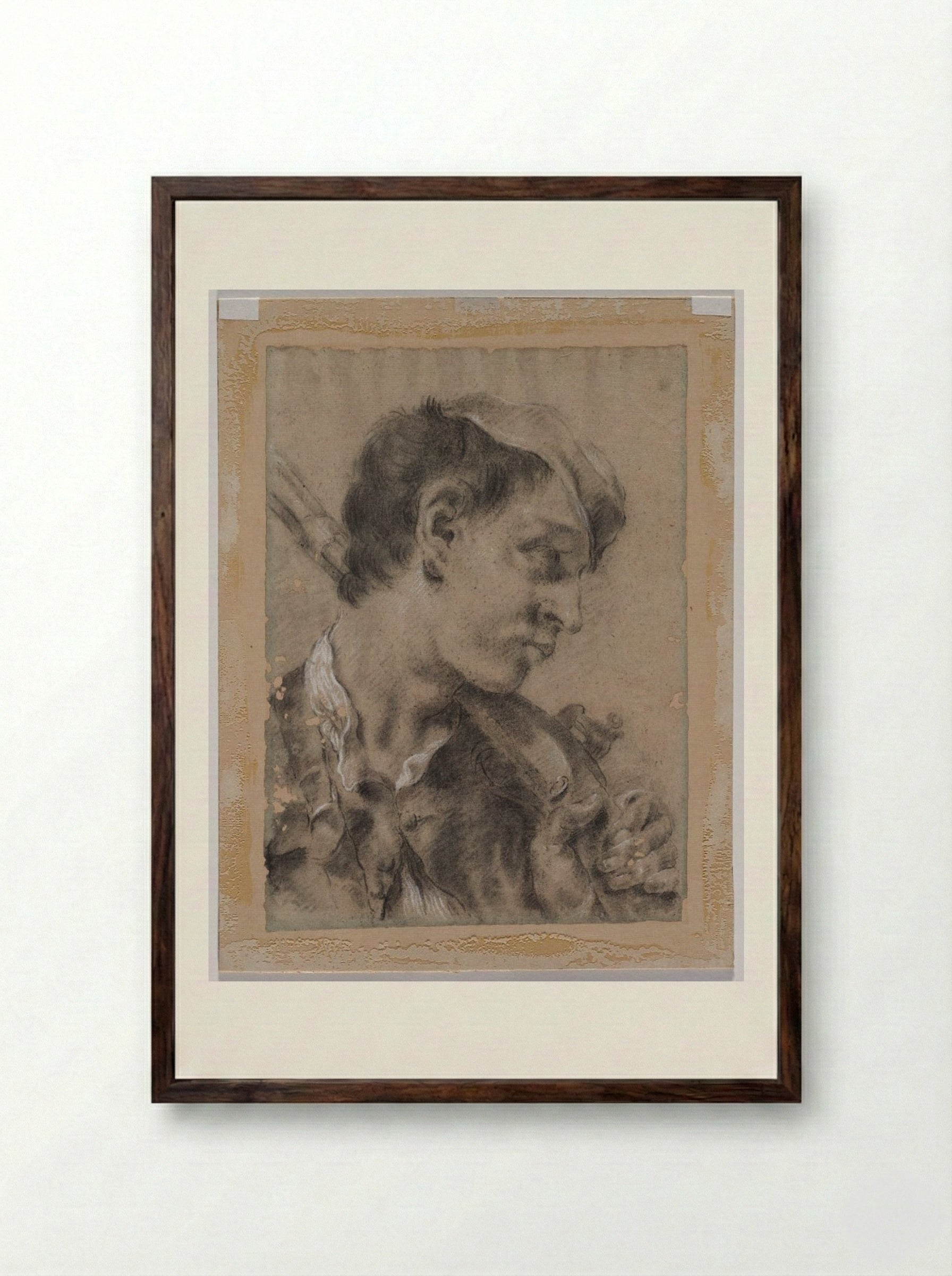 Head of a Young Man in Profile with a Gun over His Shoulder - Giovanni Battista Piazzetta - Framed Print Dark Wood