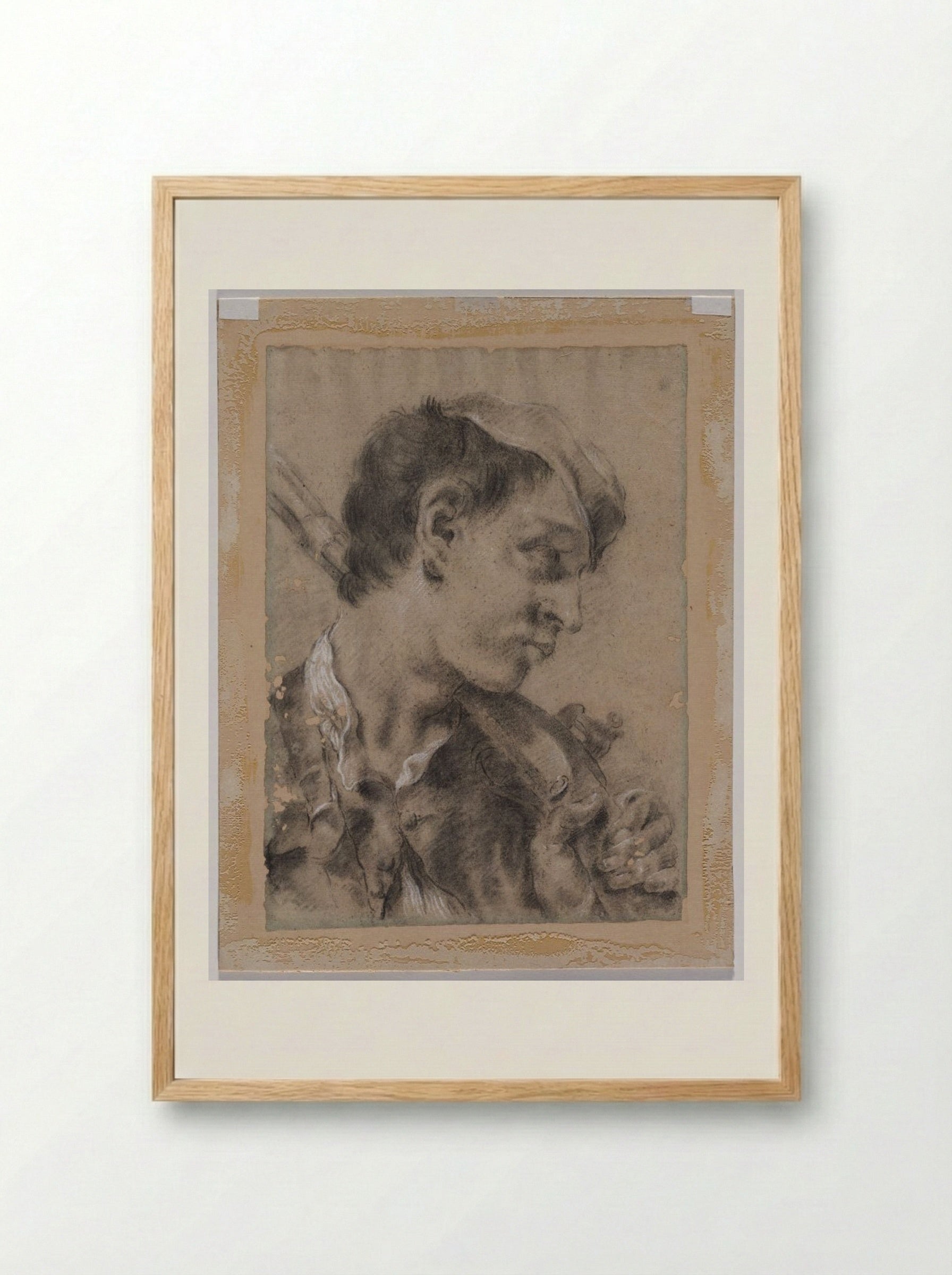 Head of a Young Man in Profile with a Gun over His Shoulder - Giovanni Battista Piazzetta - Framed Print Wood
