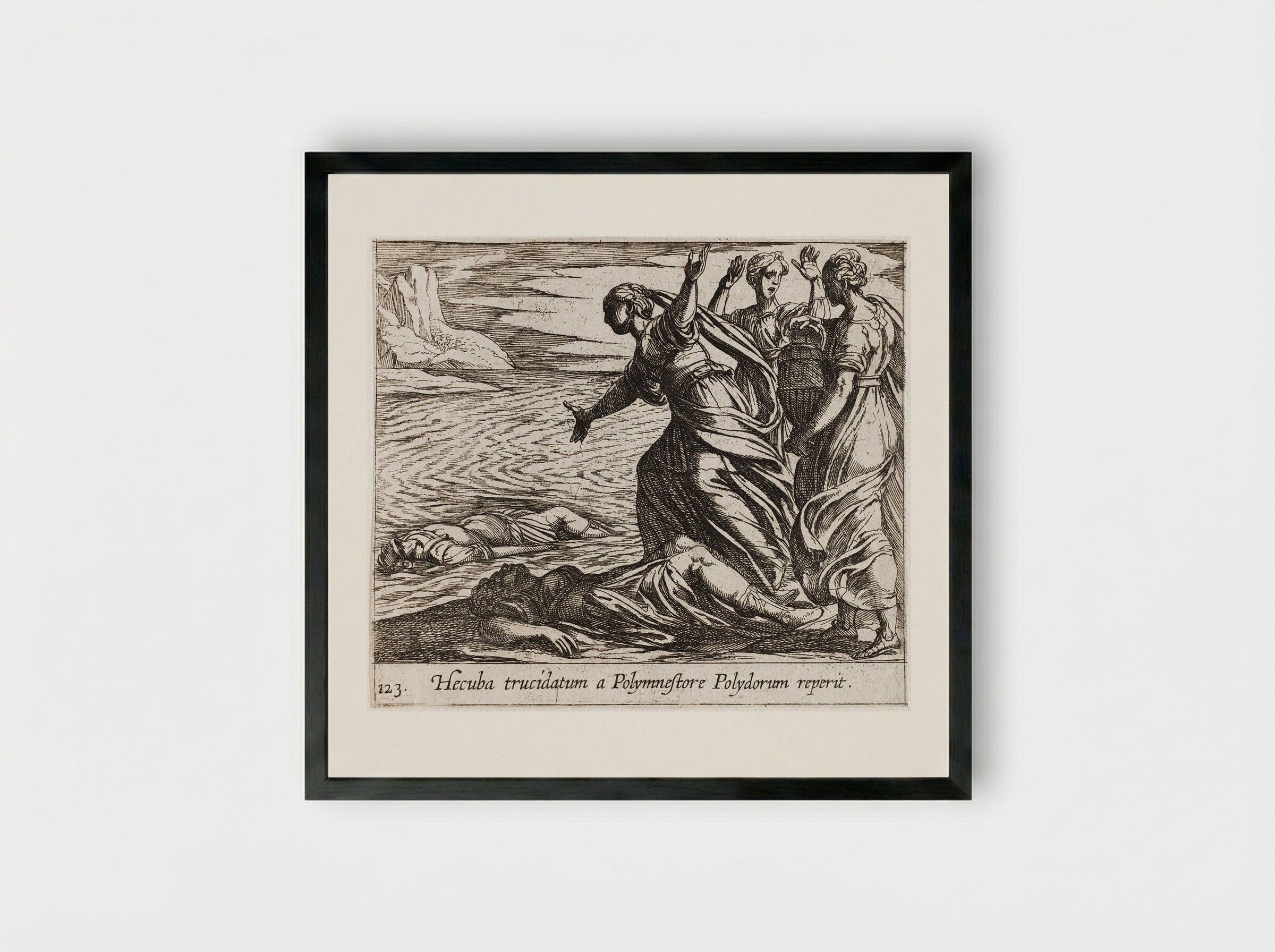 Hecuba Discovering Polydorus's Body - Antonio Tempesta - Framed Print Black