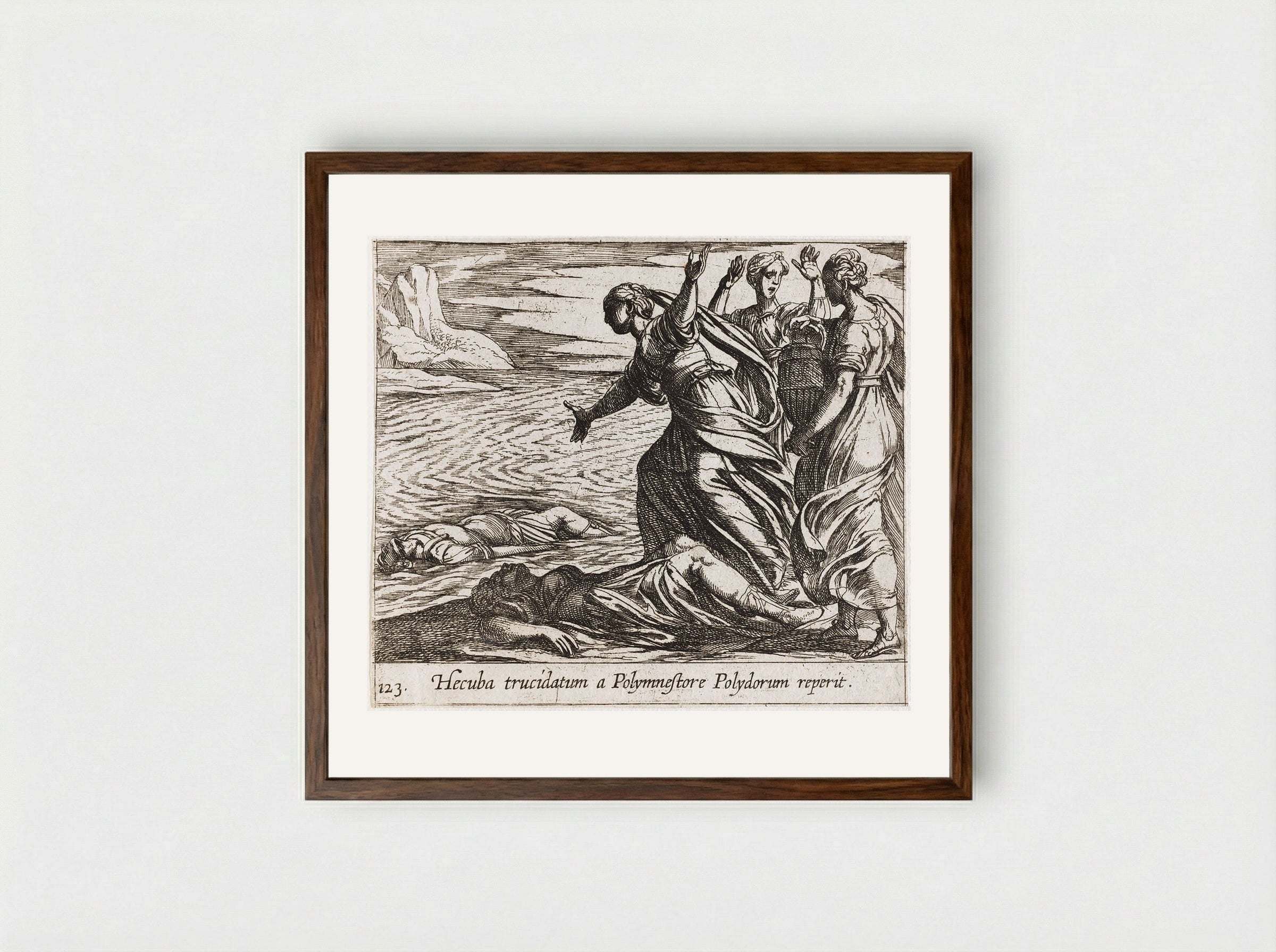 Hecuba Discovering Polydorus's Body - Antonio Tempesta - Framed Print Dark Wood