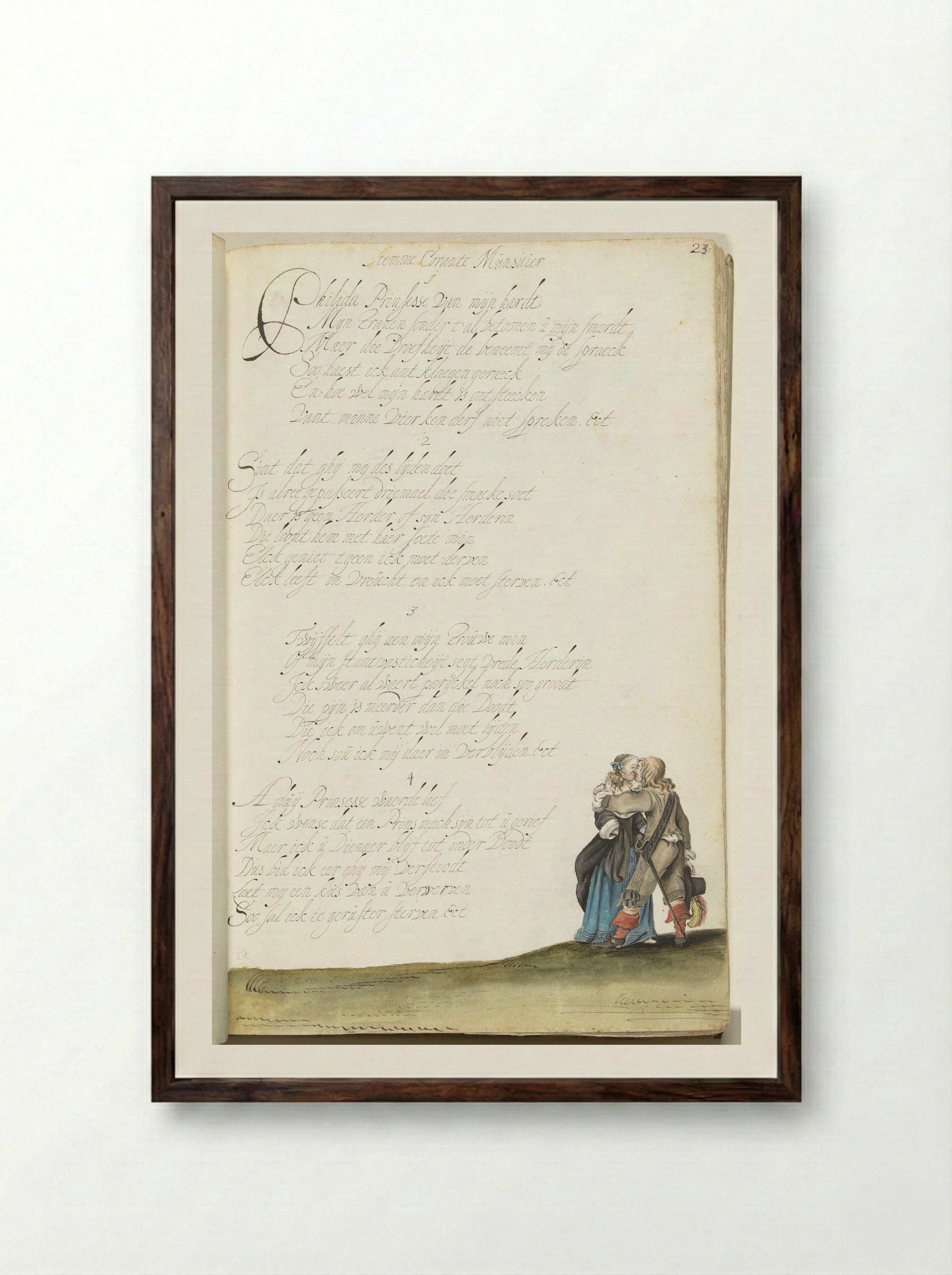 Heer en jongedame in een omhelzing - Gesina ter Borch - Framed Print Dark Wood