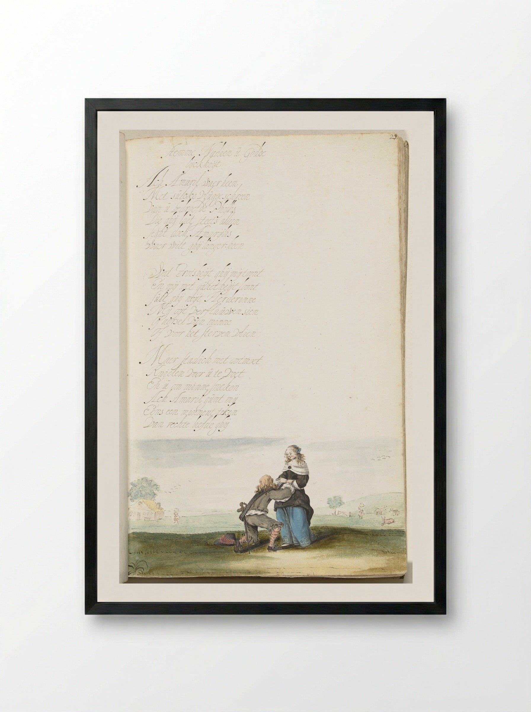 Heer knielend voor een jongedame - Gesina ter Borch - Framed Print Black